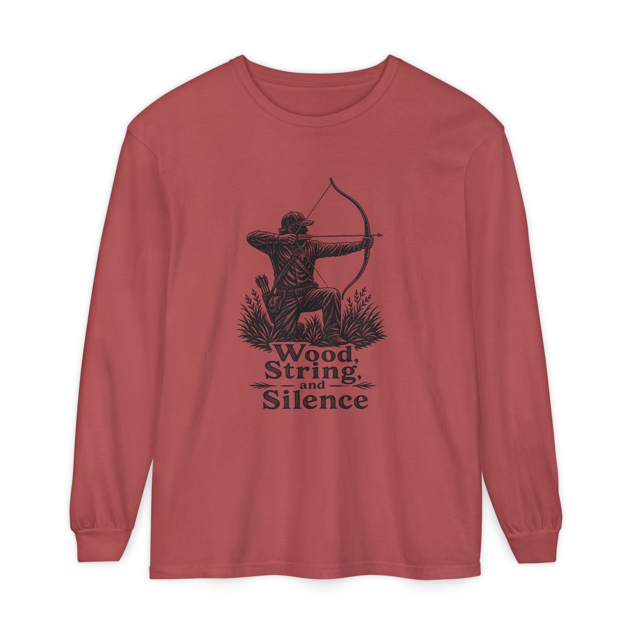Comfort Colors Archery Long Sleeve Shirt — "Wood, String, and Silence" Vintage Archer Tee