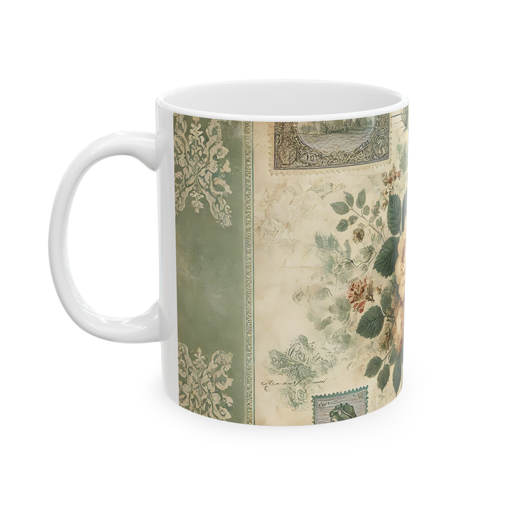 Vintage Floral Ceramic Mug — Antique Rose Tea Coffee Cup (11oz & 15oz)