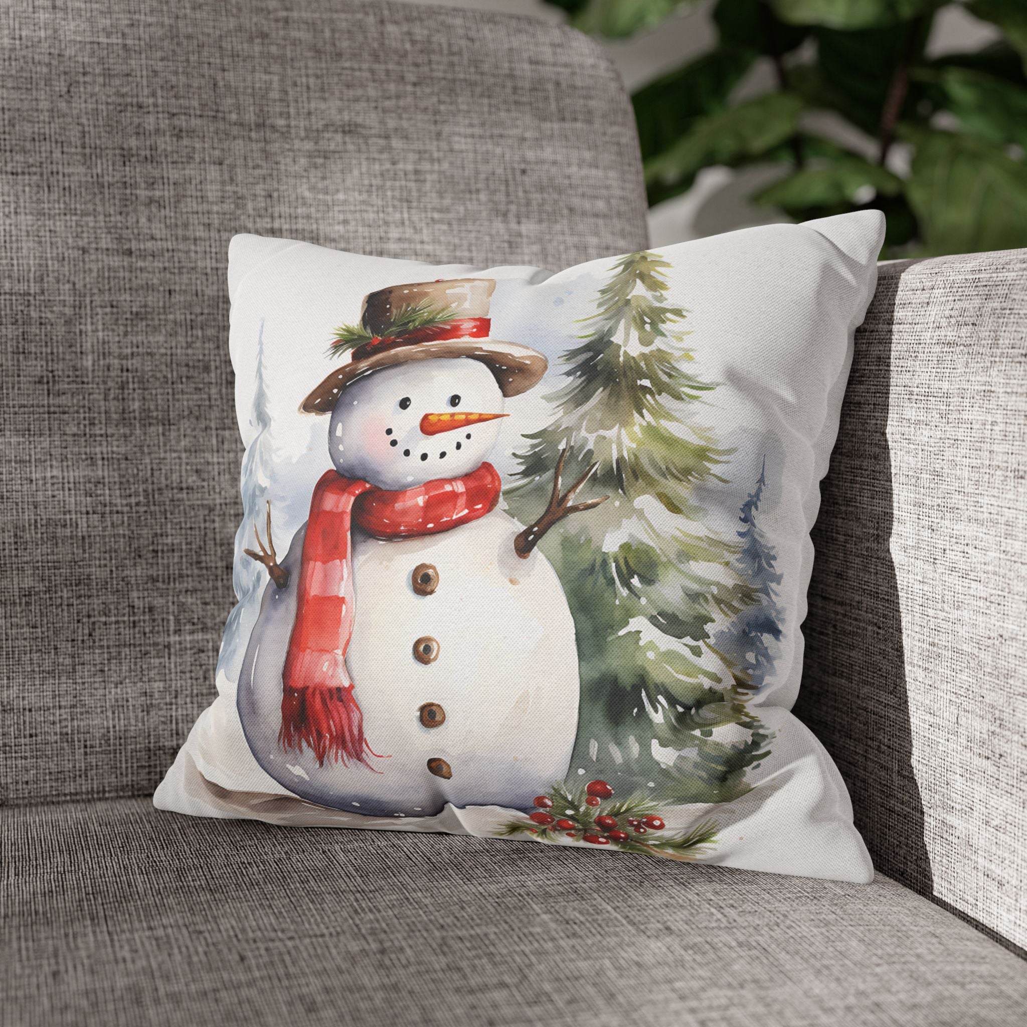 Watercolor Snowman Holiday Pillowcase — Festive Winter Throw Pillow Cover