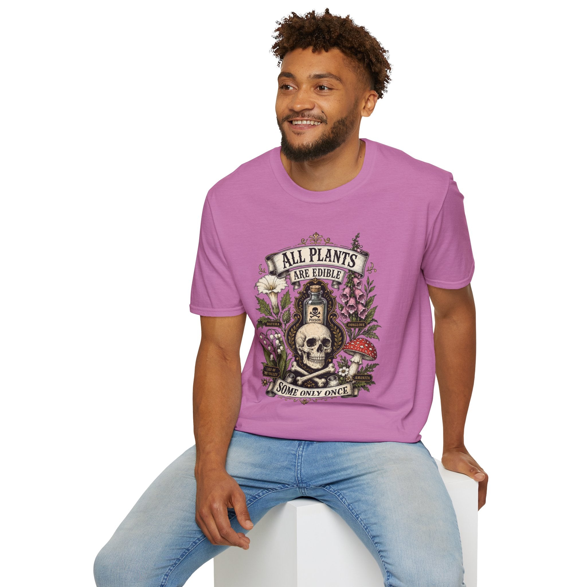 T-Shirt — "All Plants Are Edible (Some Only Once)" Botanical Skull Graphic Tee