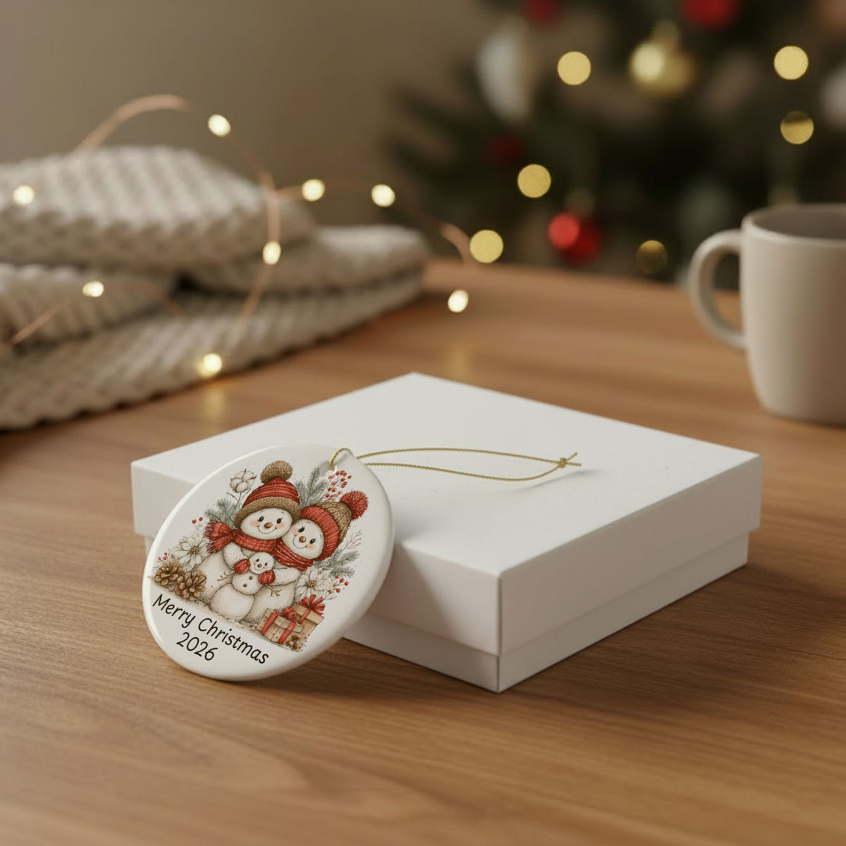 Ceramic Ornament — Merry Christmas 2026 Snowman Family Holiday Decoration