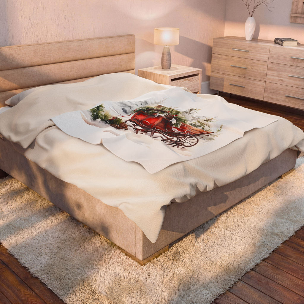Christmas Sleigh Velveteen Plush Blanket — Cozy Holiday Throw with Vintage Red Sleigh Design