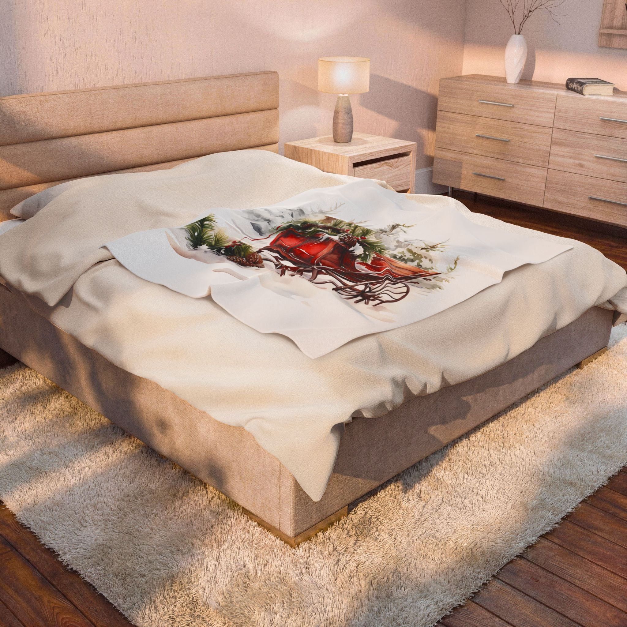 Christmas Sleigh Velveteen Plush Blanket — Cozy Holiday Throw with Vintage Red Sleigh Design