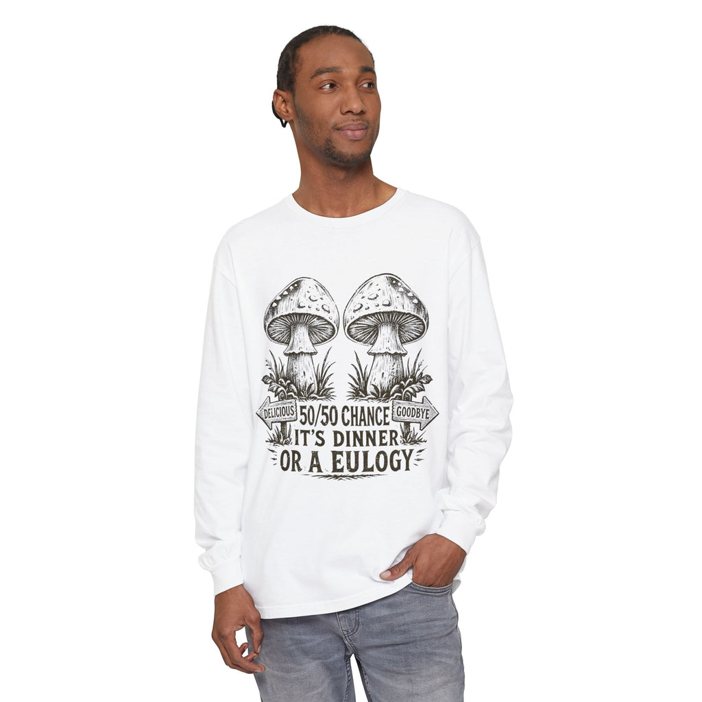 Comfort Colors Long Sleeve T-Shirt – Retro Mushroom Graphic “50/50 Chance It’s Dinner or a Eulogy”