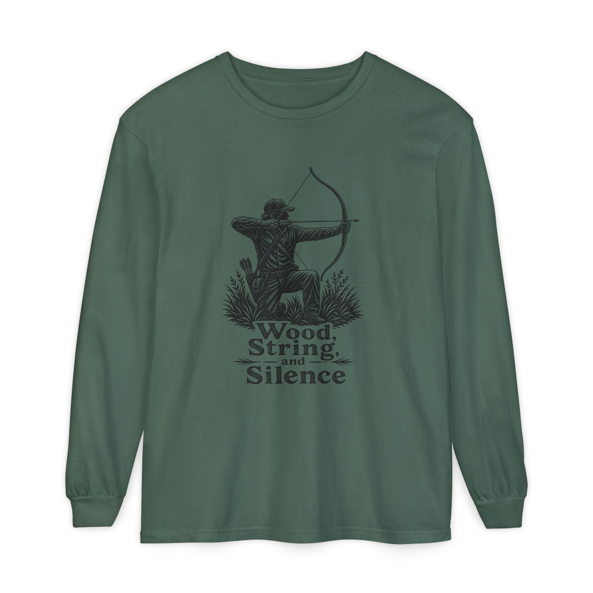 Comfort Colors Archery Long Sleeve Shirt — "Wood, String, and Silence" Vintage Archer Tee