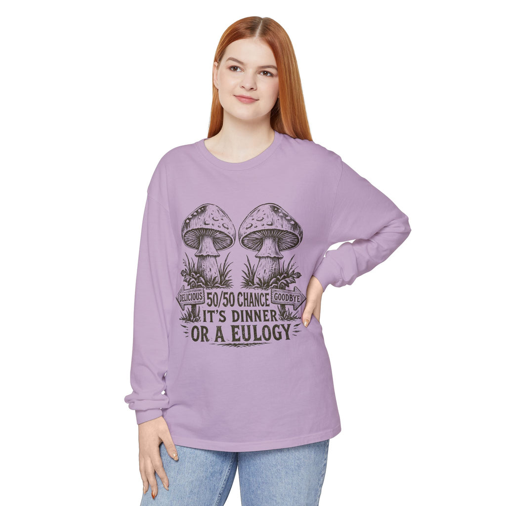 Comfort Colors Long Sleeve T-Shirt – Retro Mushroom Graphic “50/50 Chance It’s Dinner or a Eulogy”