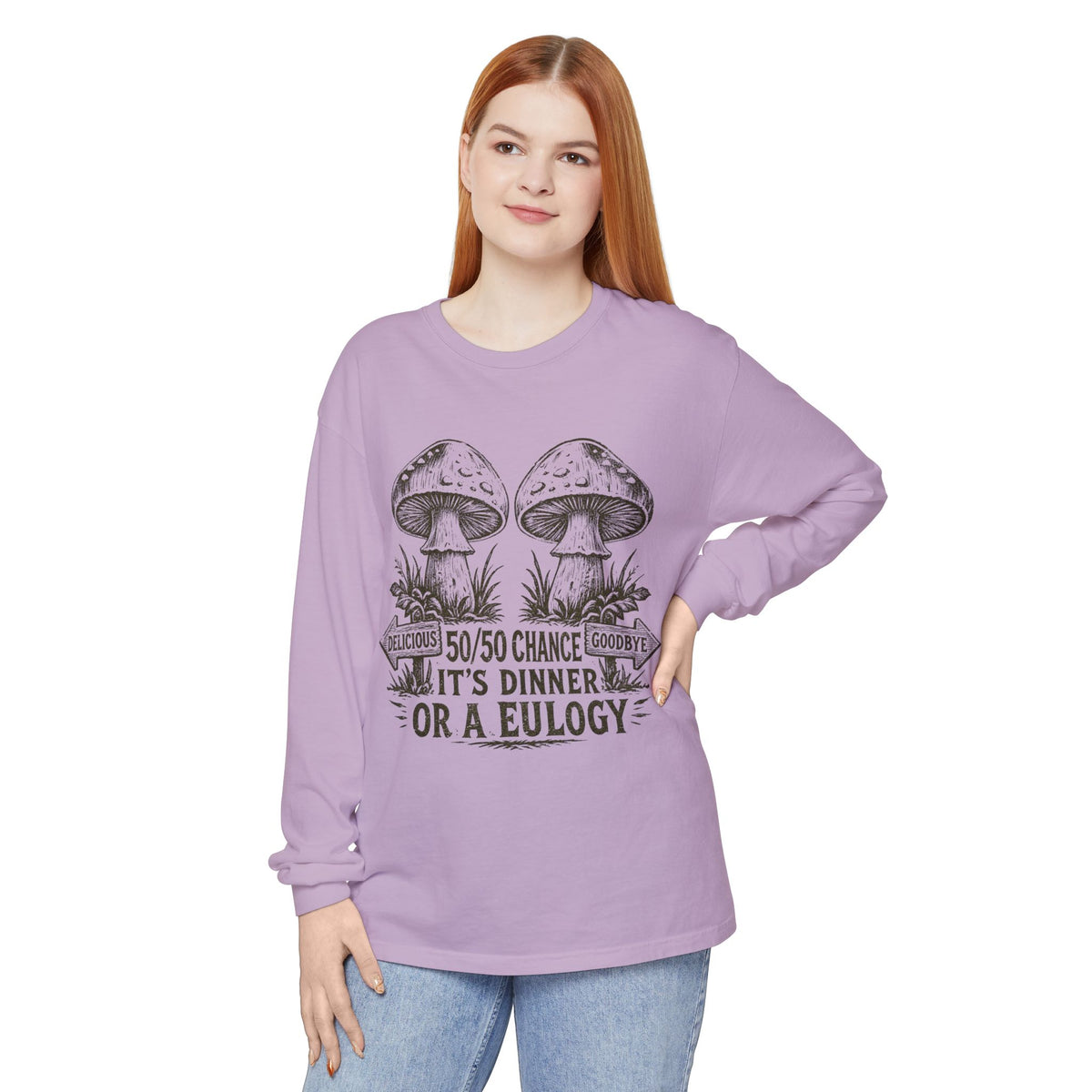 Comfort Colors Long Sleeve T-Shirt – Retro Mushroom Graphic “50/50 Chance It’s Dinner or a Eulogy”
