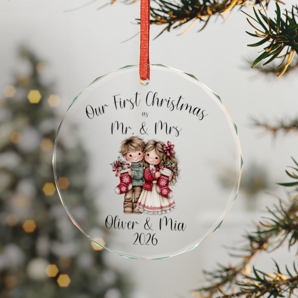 Our First Christmas as Mr & Mrs Ornament, Personalized Glass Newlywed Christmas Ornament 2026, Custom Names Wedding Gift with Gift Box