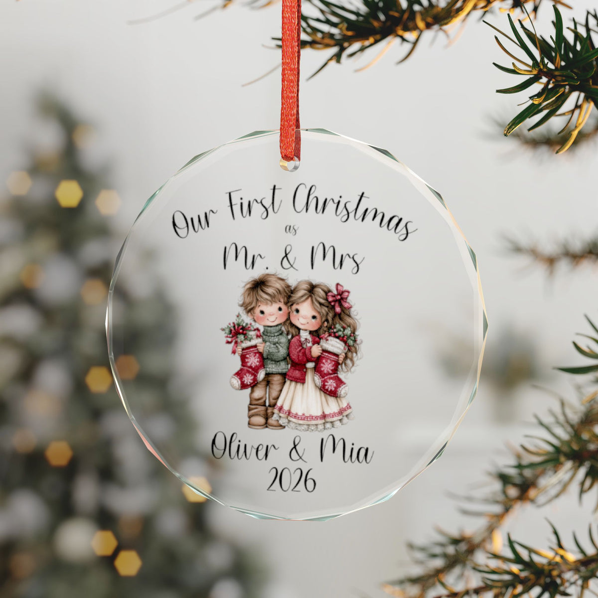 Our First Christmas as Mr & Mrs Ornament, Personalized Glass Newlywed Christmas Ornament 2026, Custom Names Wedding Gift with Gift Box
