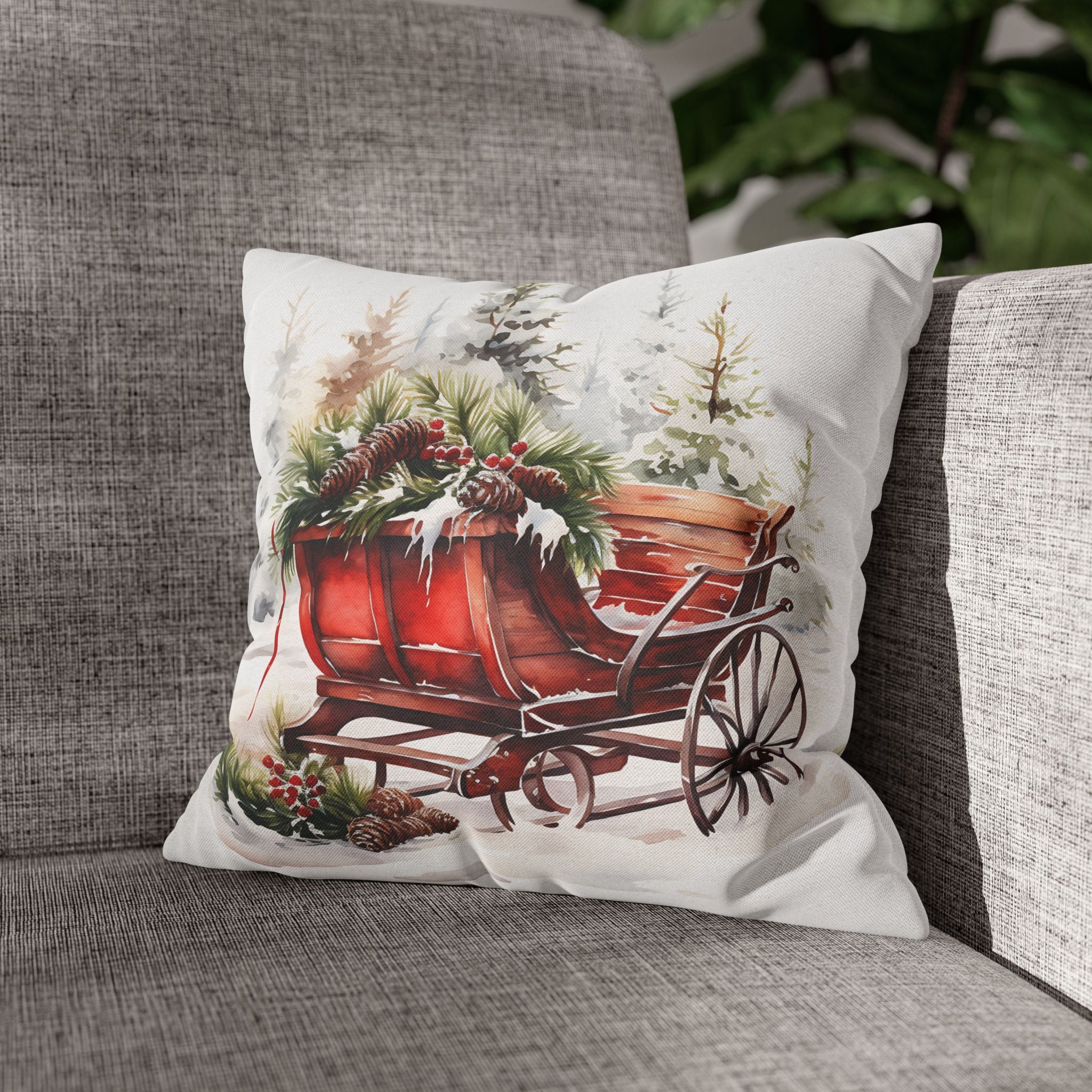 Vintage Red Sleigh Pillowcase | Christmas Holiday Winter Decor