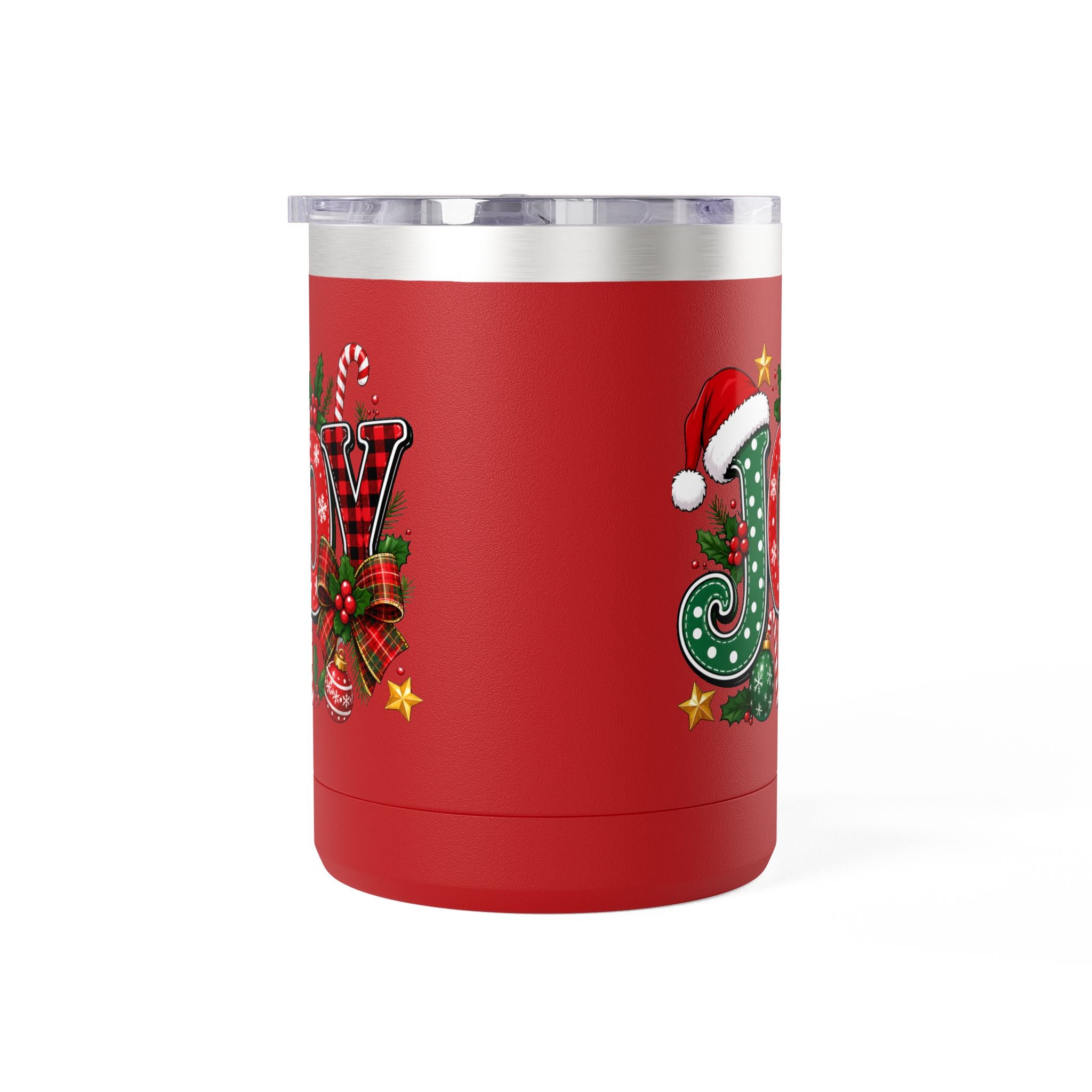 Joy Christmas Mug Tumbler — 15oz Holiday Coffee Cup with Candy Cane & Santa Hat Design