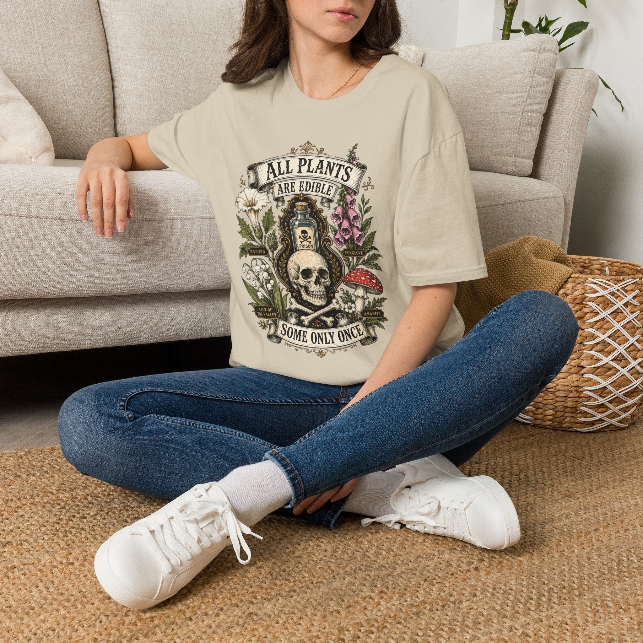 T-Shirt — "All Plants Are Edible (Some Only Once)" Botanical Skull Graphic Tee
