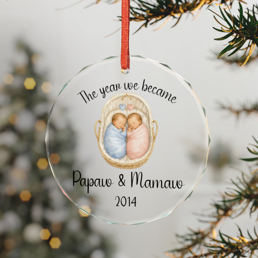 The Year We Became Papaw & Mamaw Ornament, Personalized New Grandparent Gift, Custom Glass Christmas Ornament, Twins Grandparent Keepsake
