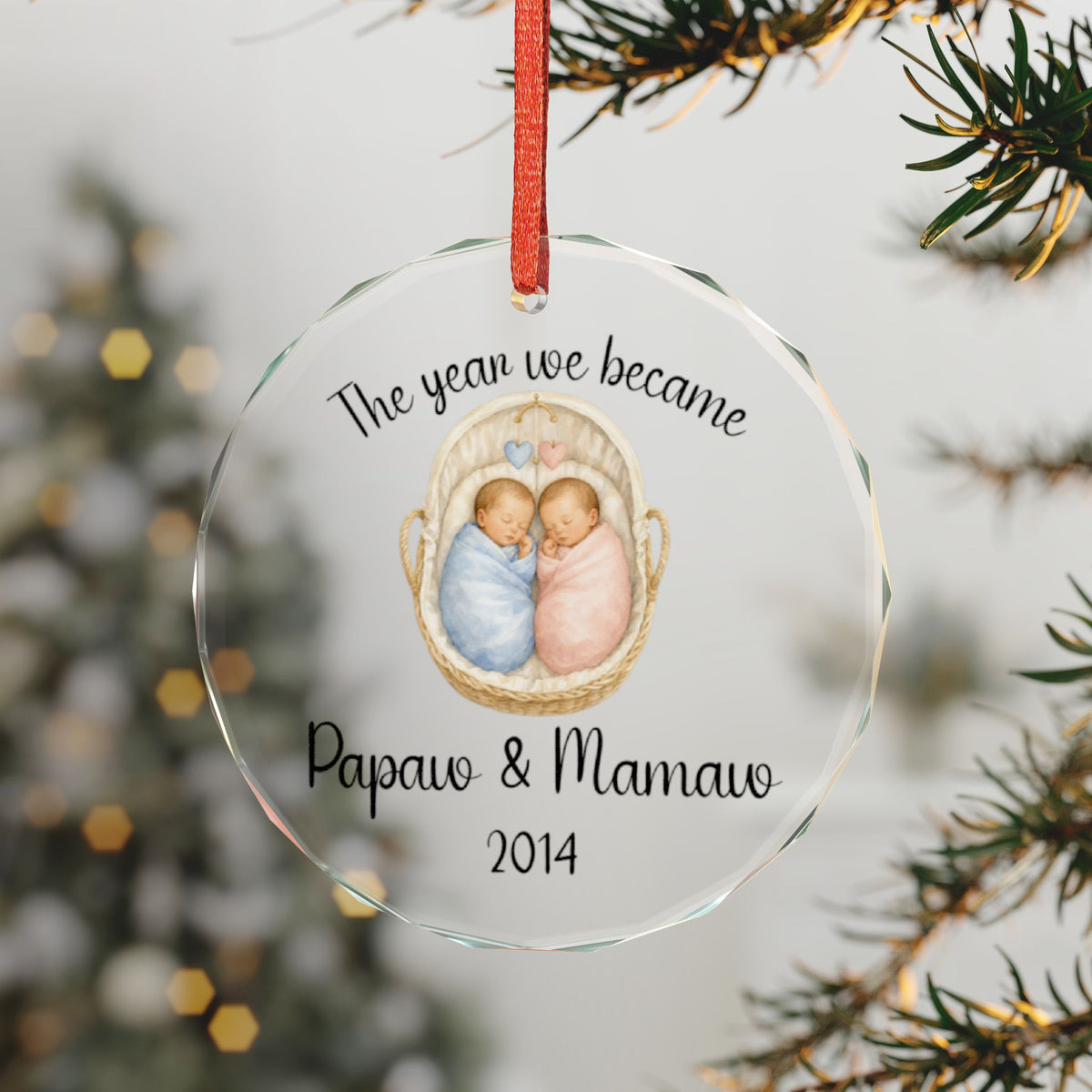 The Year We Became Papaw & Mamaw Ornament, Personalized New Grandparent Gift, Custom Glass Christmas Ornament, Twins Grandparent Keepsake