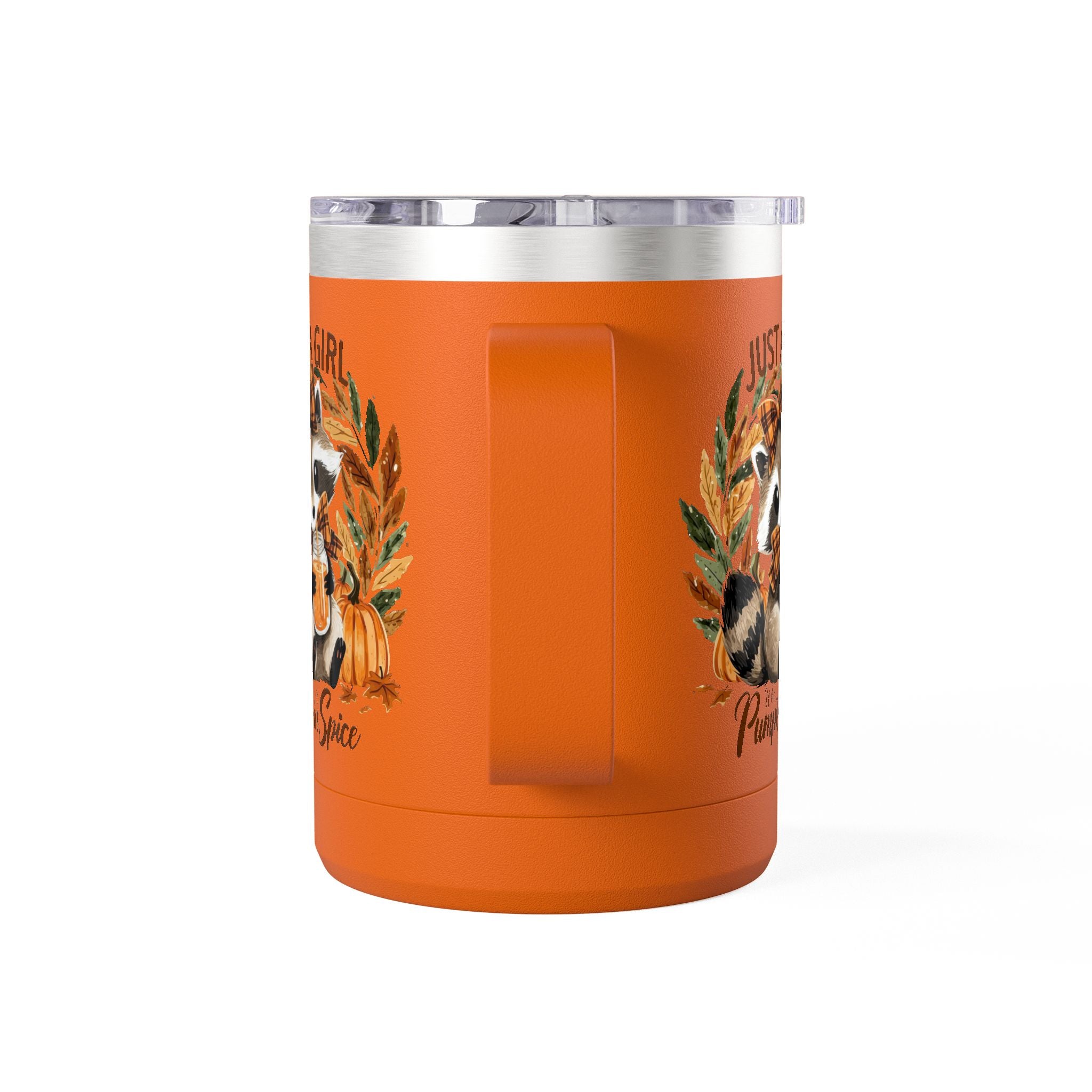 15oz Tumbler Mug — "Just a Girl Who Loves Pumpkin Spice" Autumn Raccoon Travel Cup