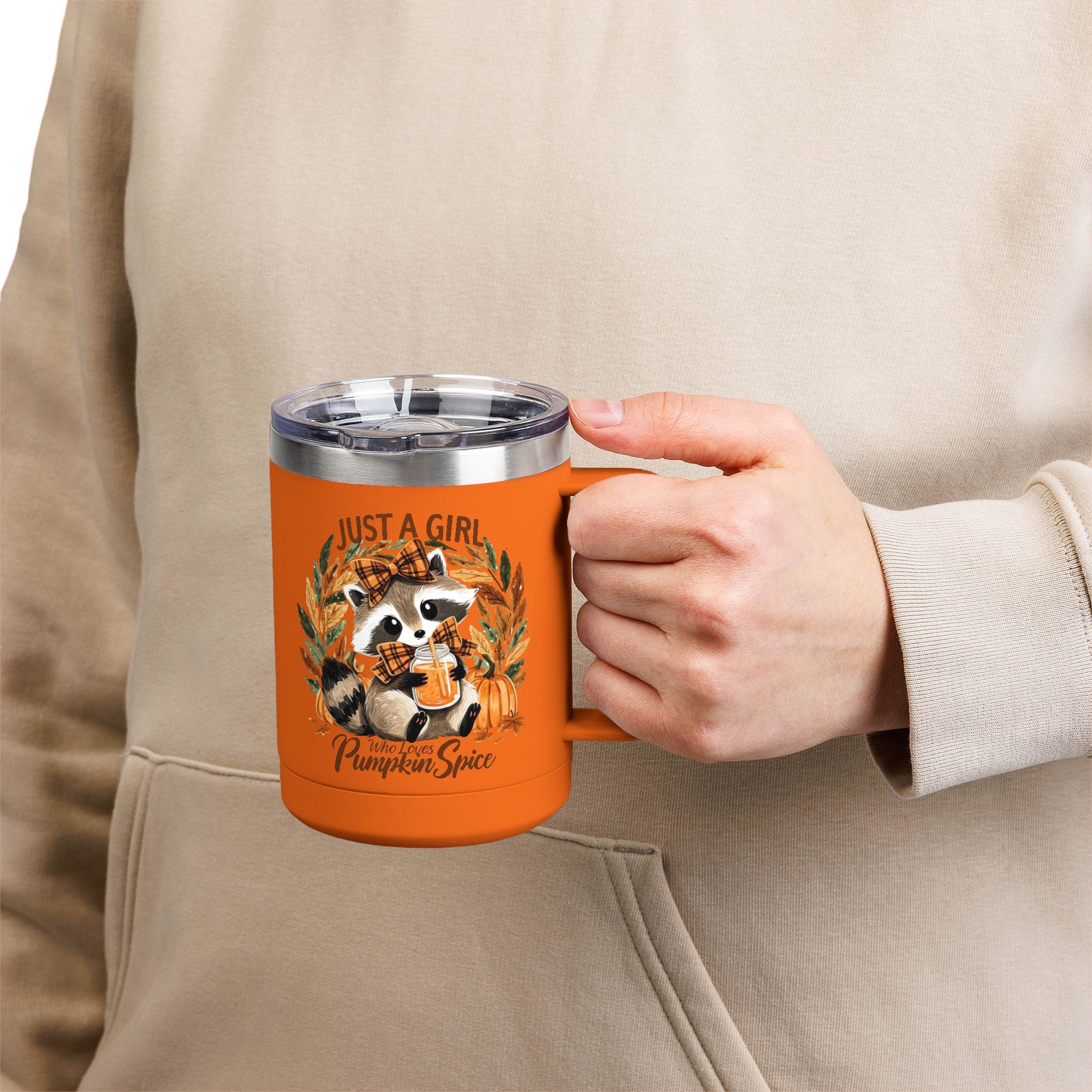 15oz Tumbler Mug — "Just a Girl Who Loves Pumpkin Spice" Autumn Raccoon Travel Cup