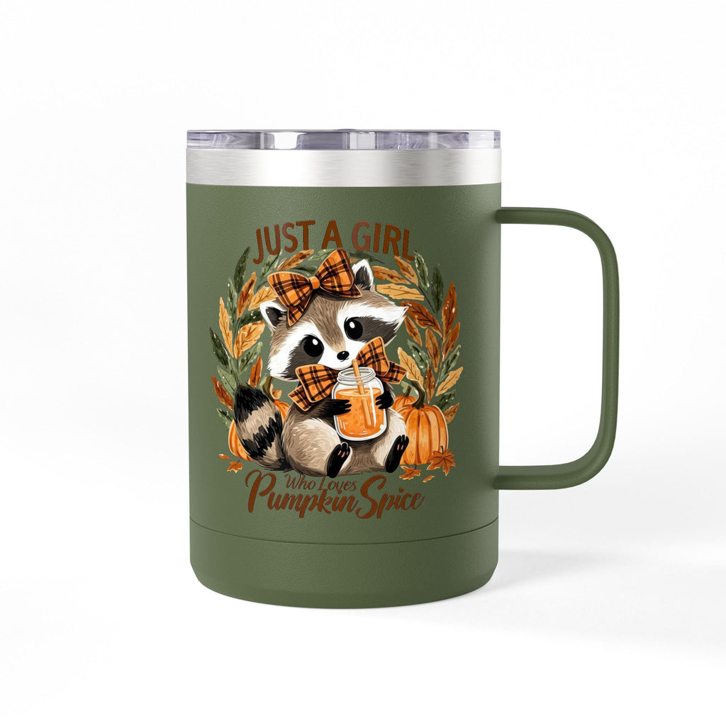 15oz Tumbler Mug — "Just a Girl Who Loves Pumpkin Spice" Autumn Raccoon Travel Cup