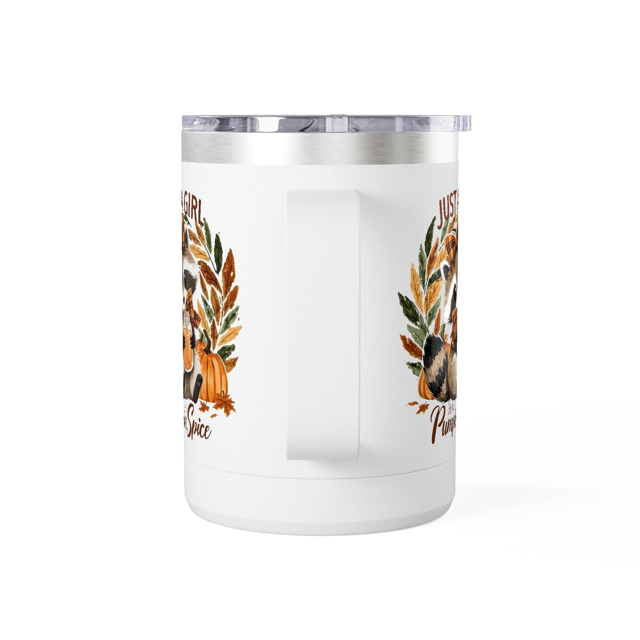 15oz Tumbler Mug — "Just a Girl Who Loves Pumpkin Spice" Autumn Raccoon Travel Cup