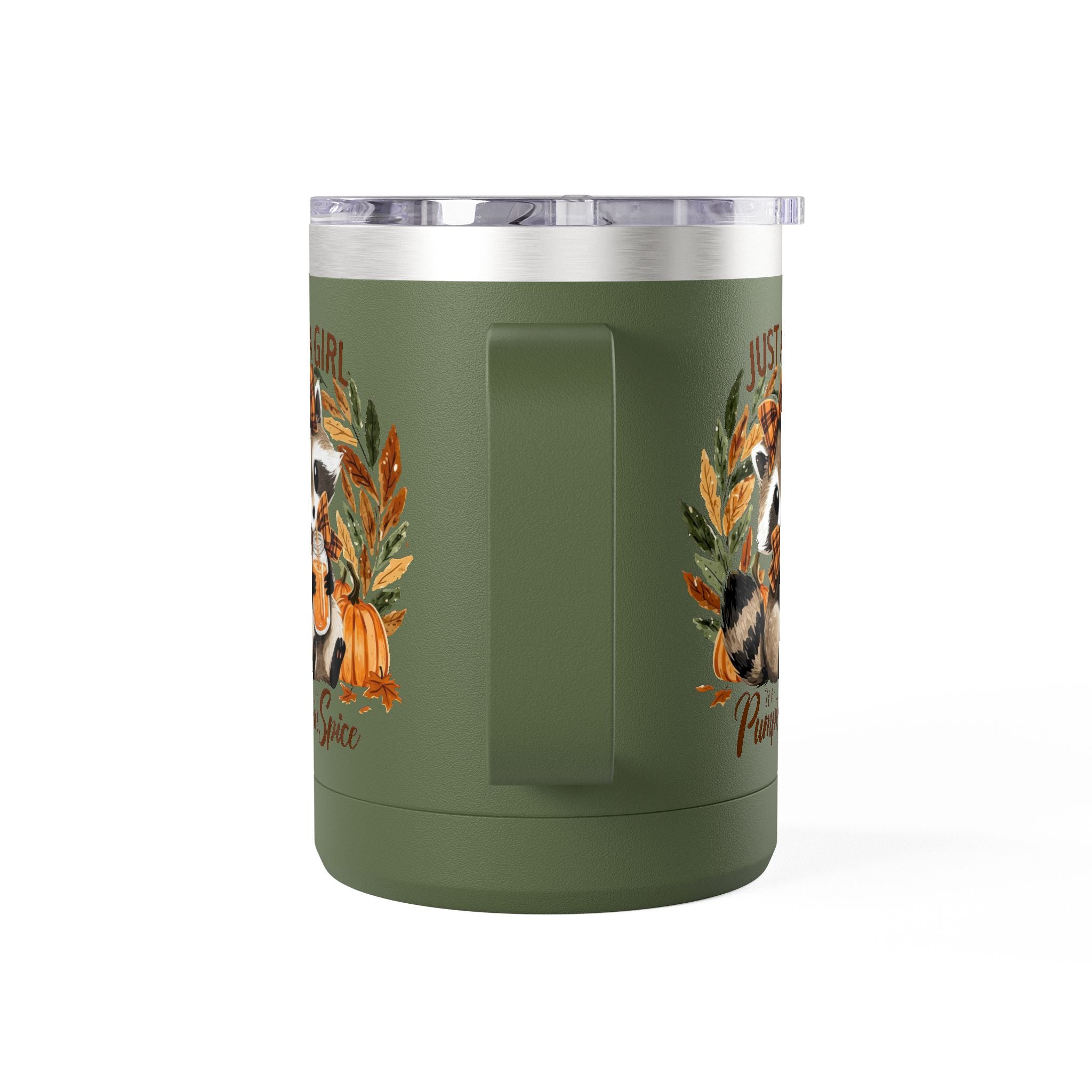 15oz Tumbler Mug — "Just a Girl Who Loves Pumpkin Spice" Autumn Raccoon Travel Cup
