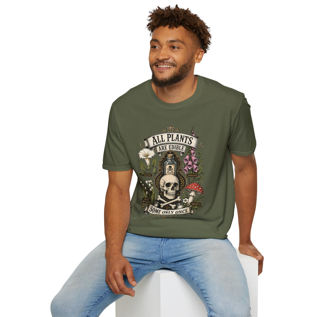 T-Shirt — "All Plants Are Edible (Some Only Once)" Botanical Skull Graphic Tee