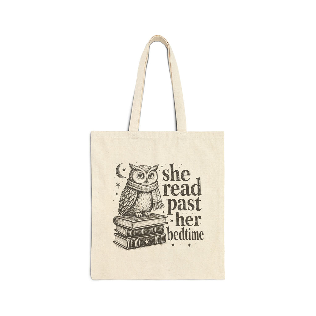 Tote Bag — "She Read Past Her Bedtime" Owl Book Lover Canvas Tote