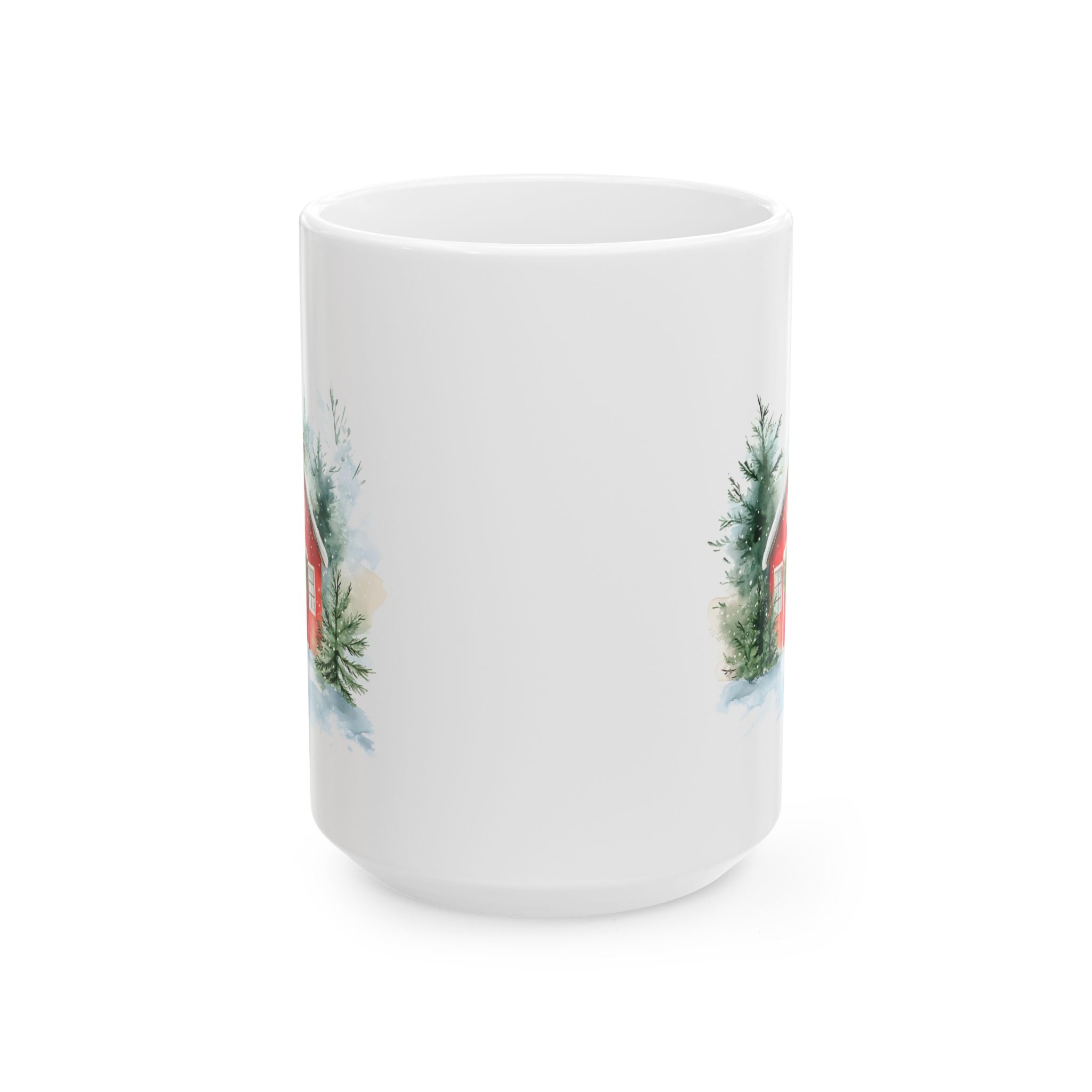 Ceramic Mug — Cozy Winter Barn Watercolor Coffee Mug (11oz, 15oz)