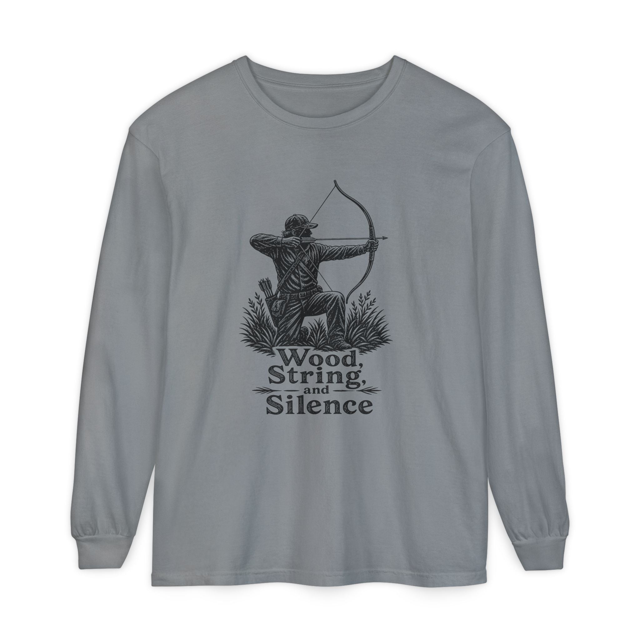 Comfort Colors Archery Long Sleeve Shirt — "Wood, String, and Silence" Vintage Archer Tee