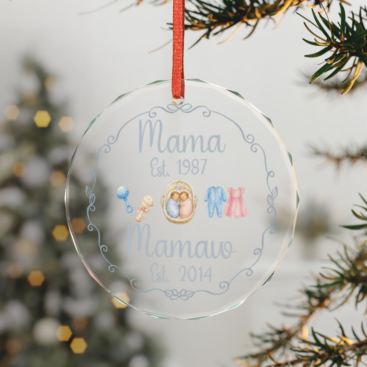 Mamaw of Boy Girl Twins Ornament, Personalized Glass Ornament, Twin Grandchildren Announcement, Mama Mamaw Est. Year