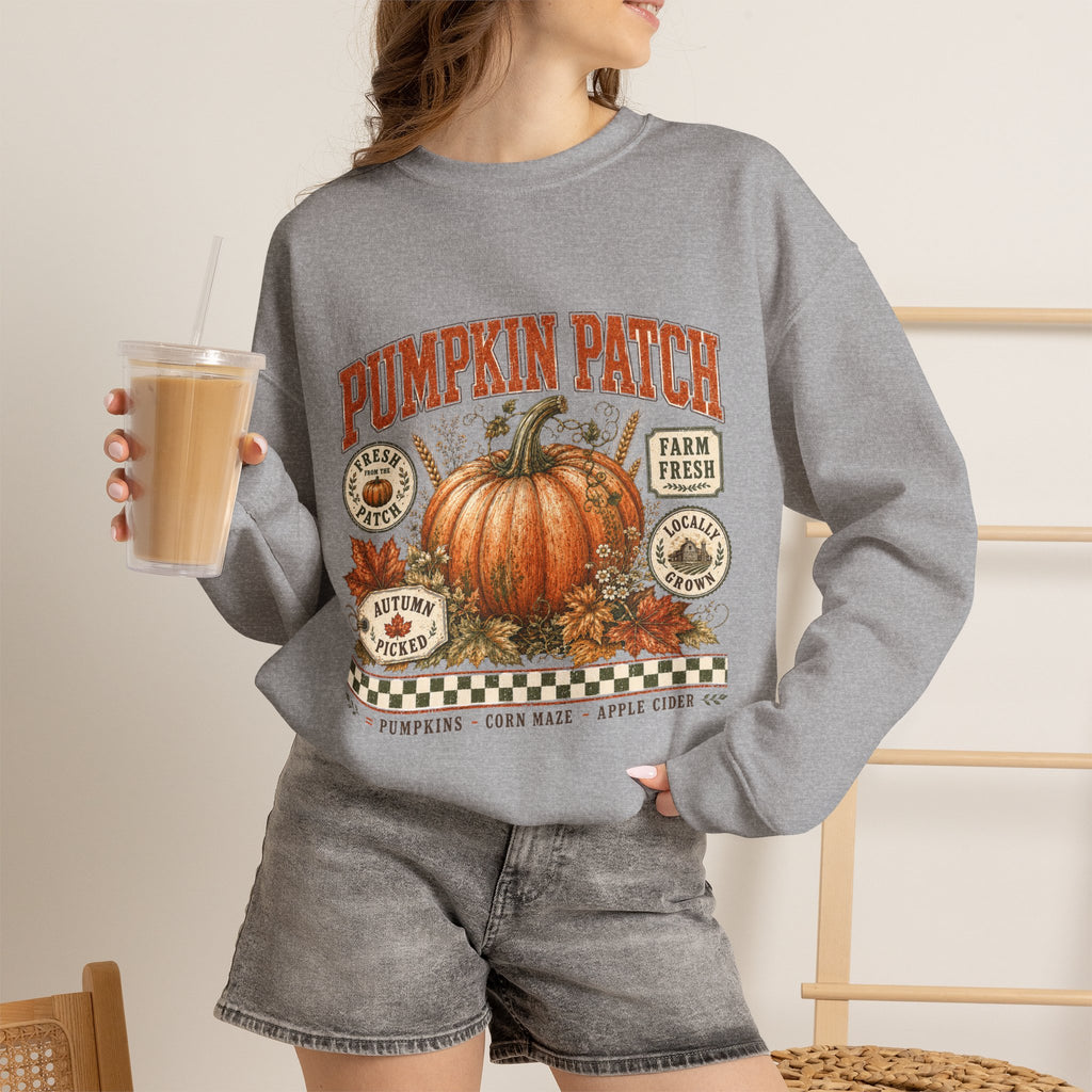 Pumpkin Patch Crewneck Sweatshirt — Vintage Autumn Farm Pumpkin Design