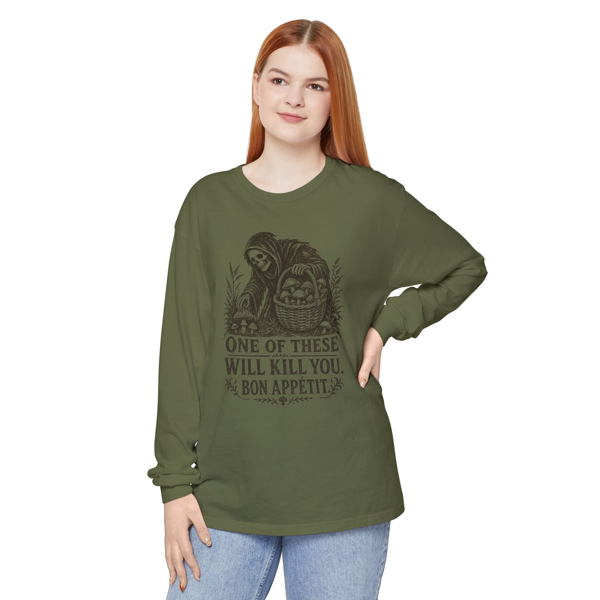 Comfort Colors Grim Reaper Harvest Long Sleeve Tee – "One of These Will Kill You. Bon Appétit."