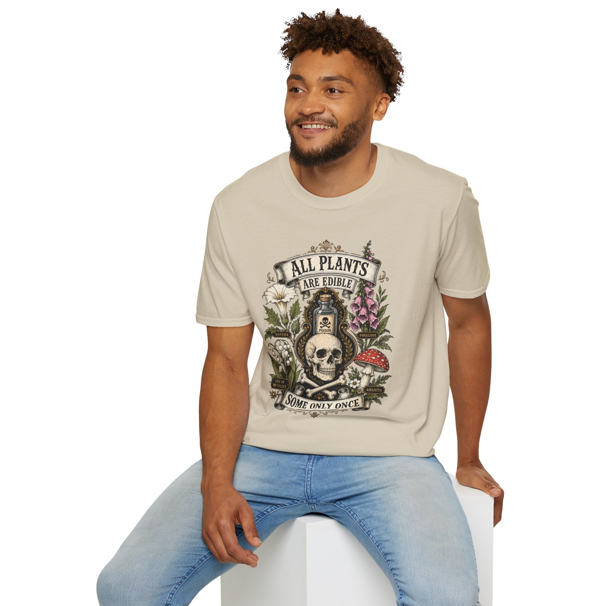 T-Shirt — "All Plants Are Edible (Some Only Once)" Botanical Skull Graphic Tee