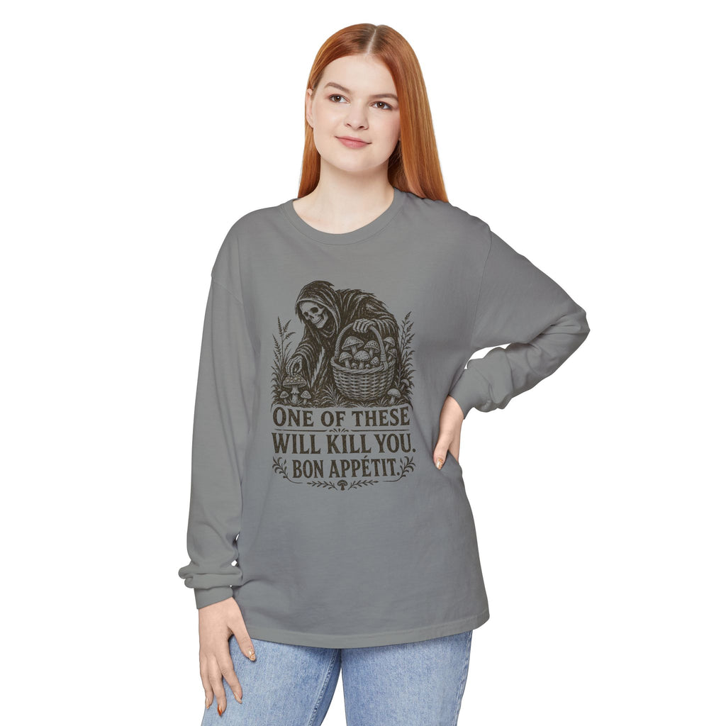 Comfort Colors Grim Reaper Harvest Long Sleeve Tee – "One of These Will Kill You. Bon Appétit."