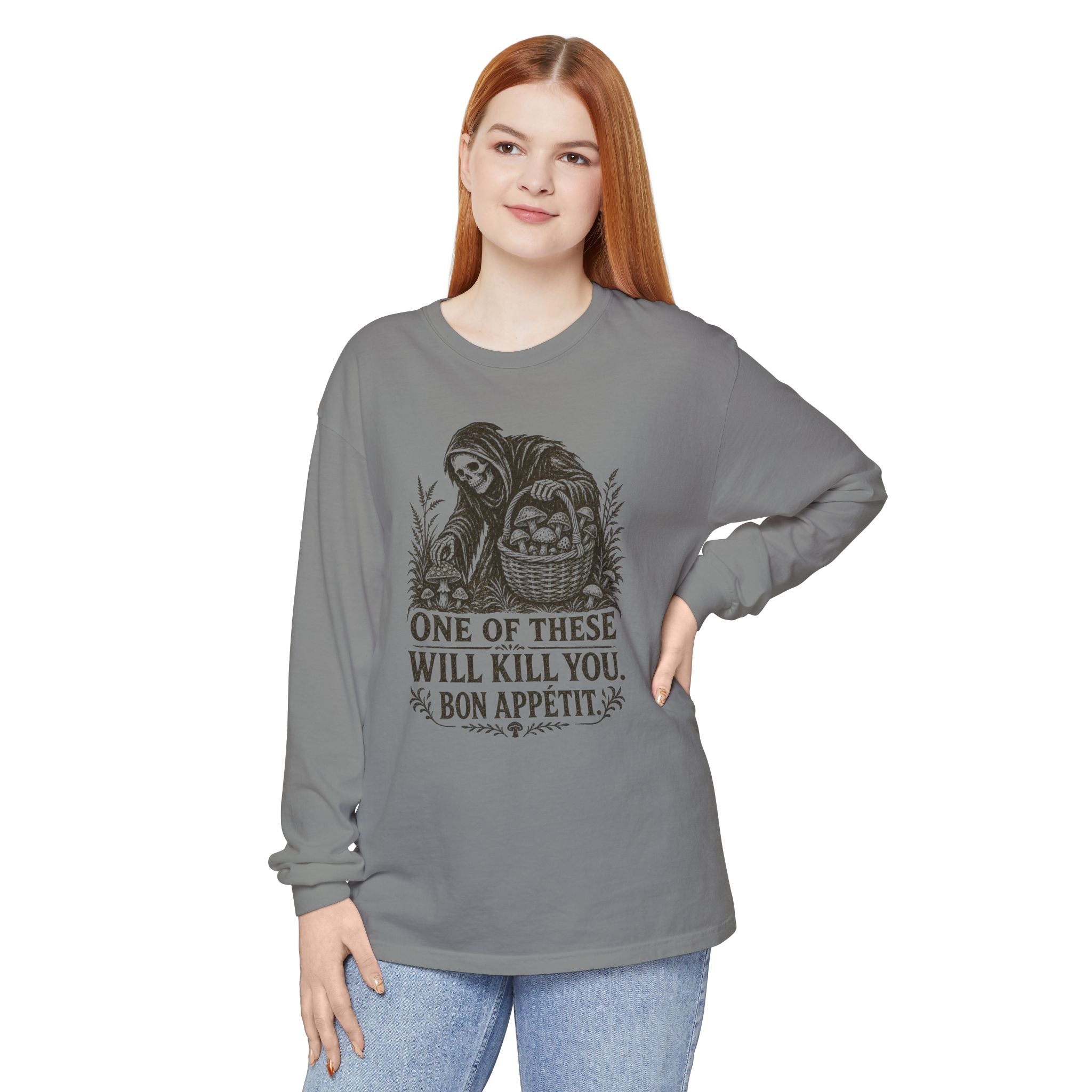 Comfort Colors Grim Reaper Harvest Long Sleeve Tee – "One of These Will Kill You. Bon Appétit."