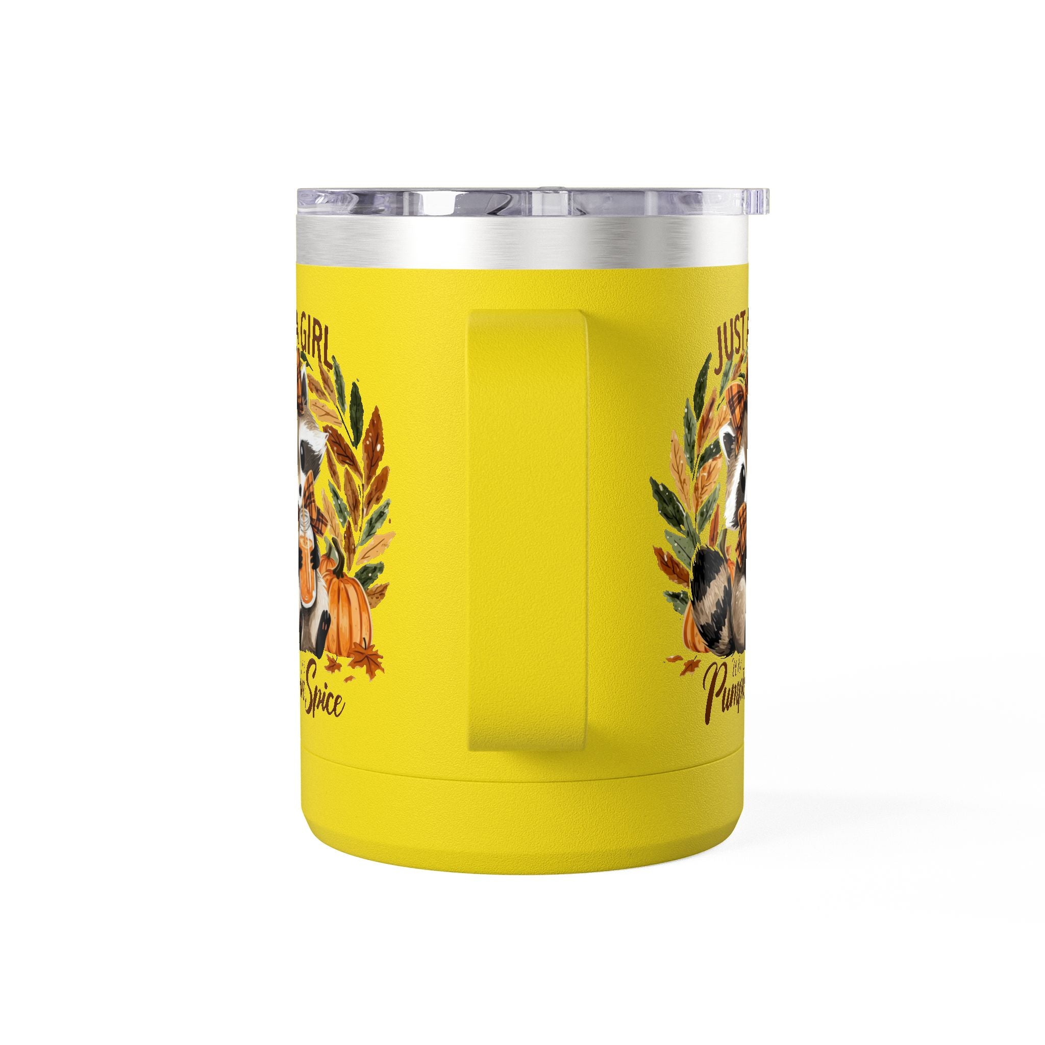 15oz Tumbler Mug — "Just a Girl Who Loves Pumpkin Spice" Autumn Raccoon Travel Cup