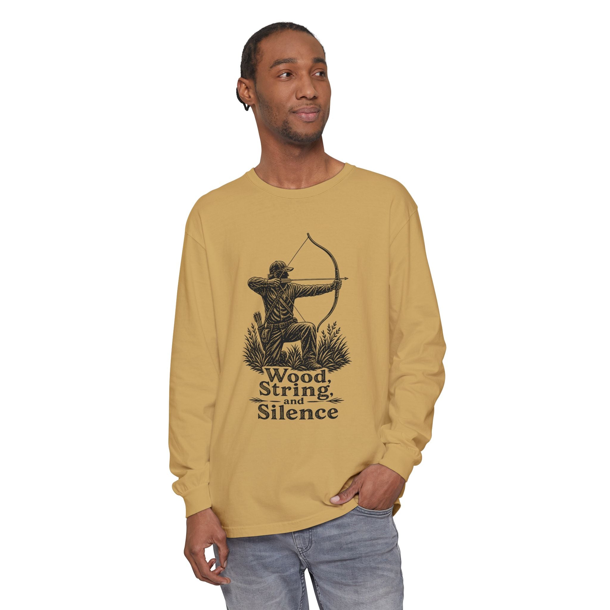Comfort Colors Archery Long Sleeve Shirt — "Wood, String, and Silence" Vintage Archer Tee