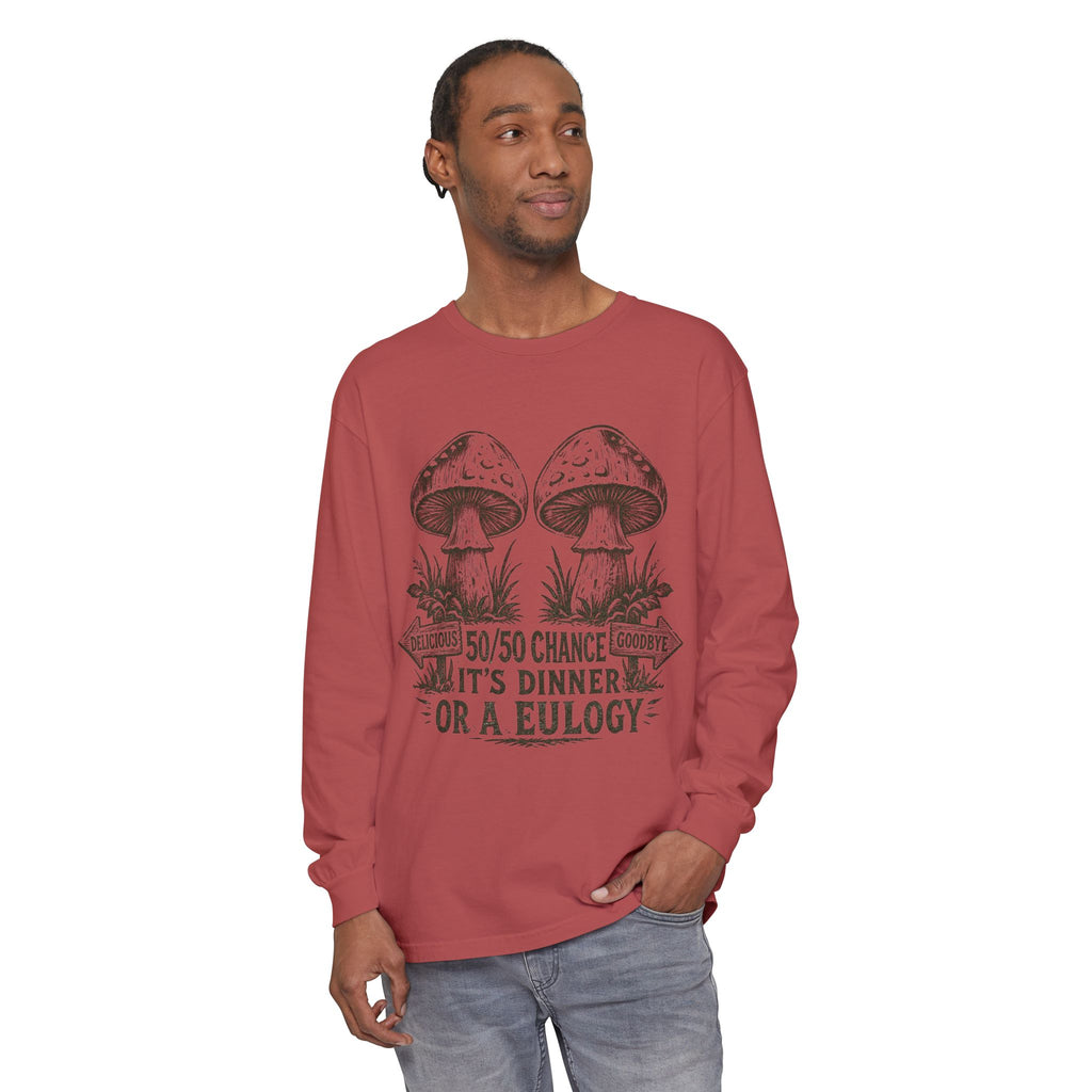 Comfort Colors Long Sleeve T-Shirt – Retro Mushroom Graphic “50/50 Chance It’s Dinner or a Eulogy”