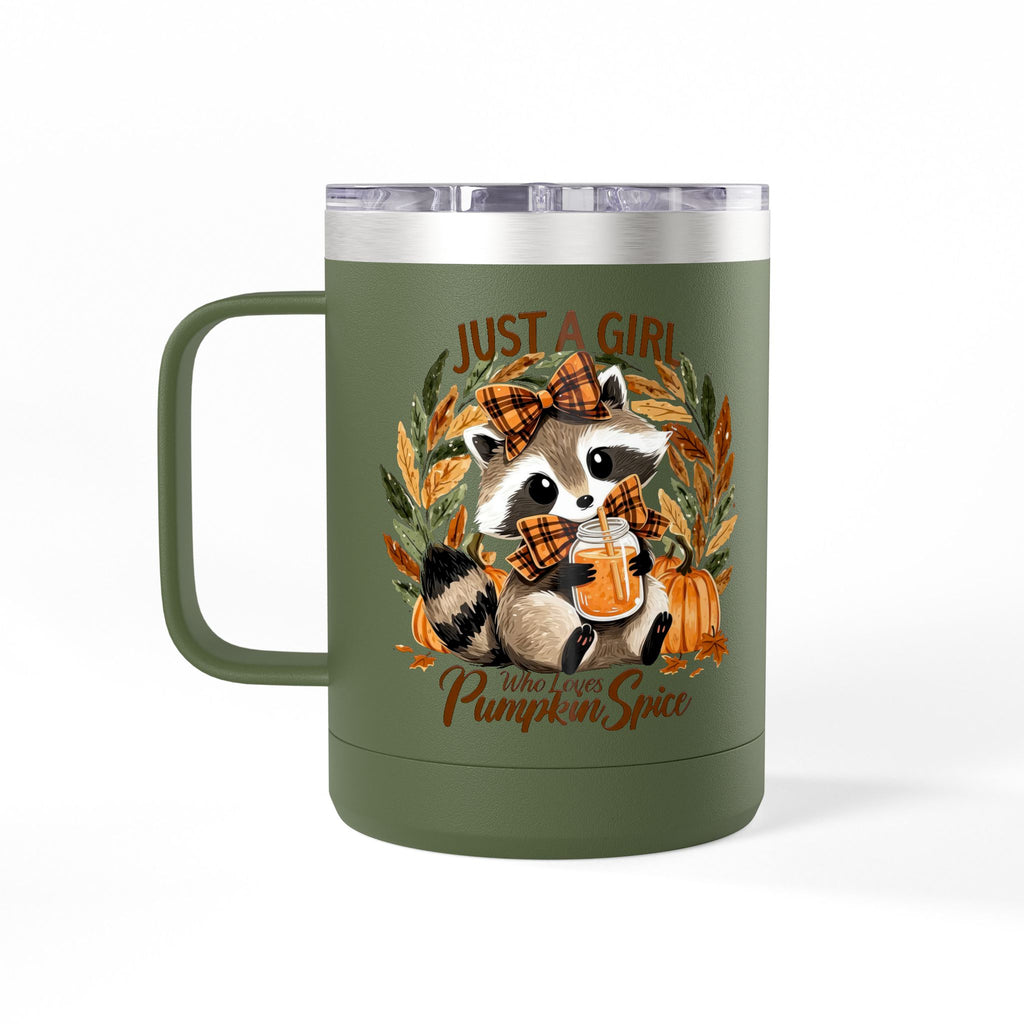 15oz Tumbler Mug — "Just a Girl Who Loves Pumpkin Spice" Autumn Raccoon Travel Cup