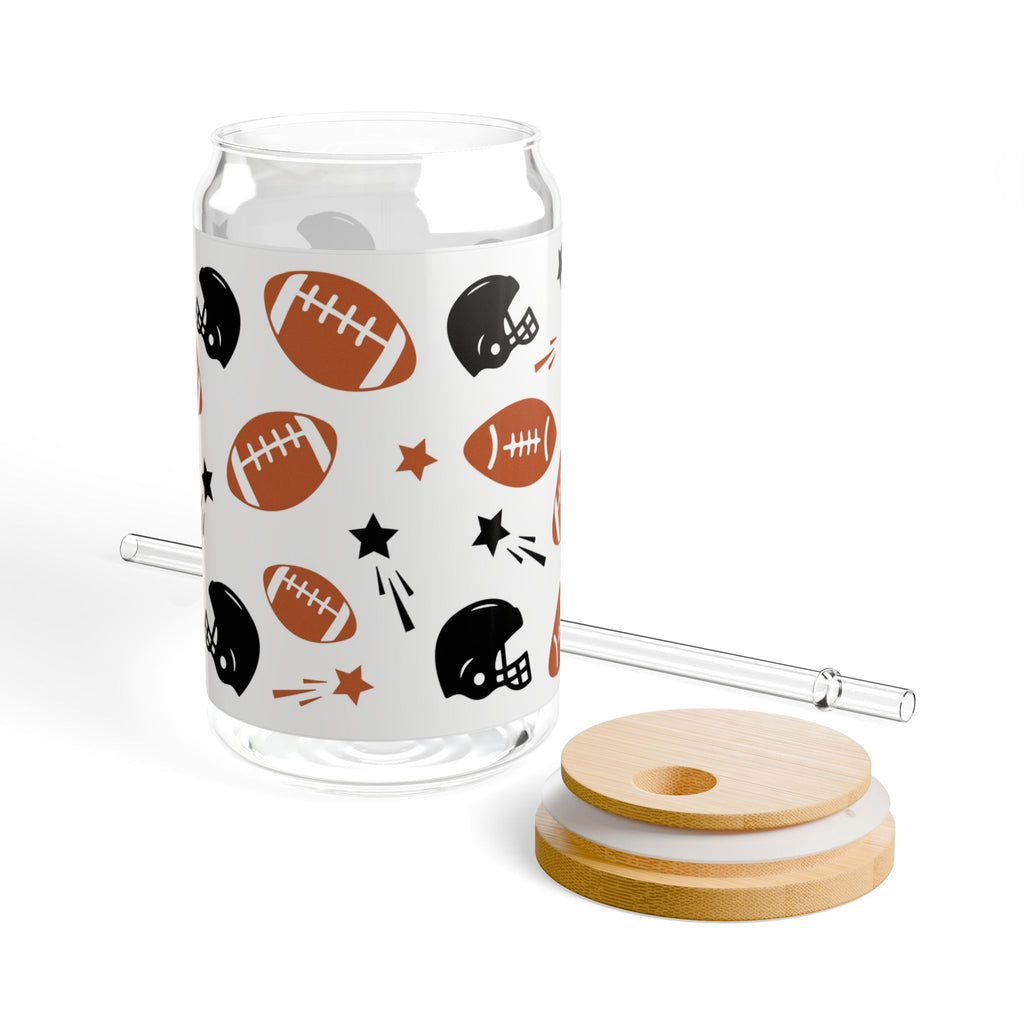 Football Pattern Sipper Glass, 16oz – Sports Fan Drink Tumbler with Helmet & Ball Design