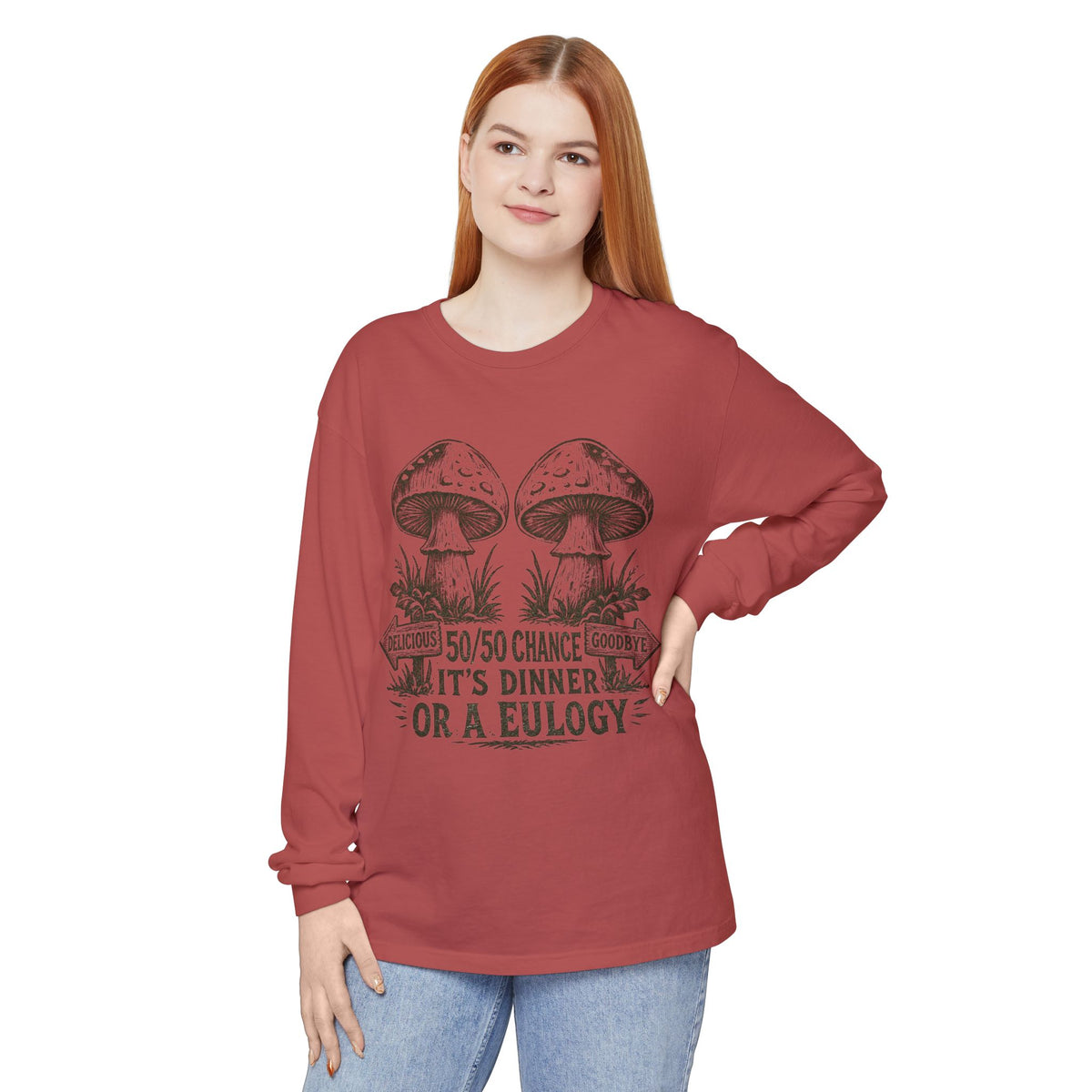 Comfort Colors Long Sleeve T-Shirt – Retro Mushroom Graphic “50/50 Chance It’s Dinner or a Eulogy”