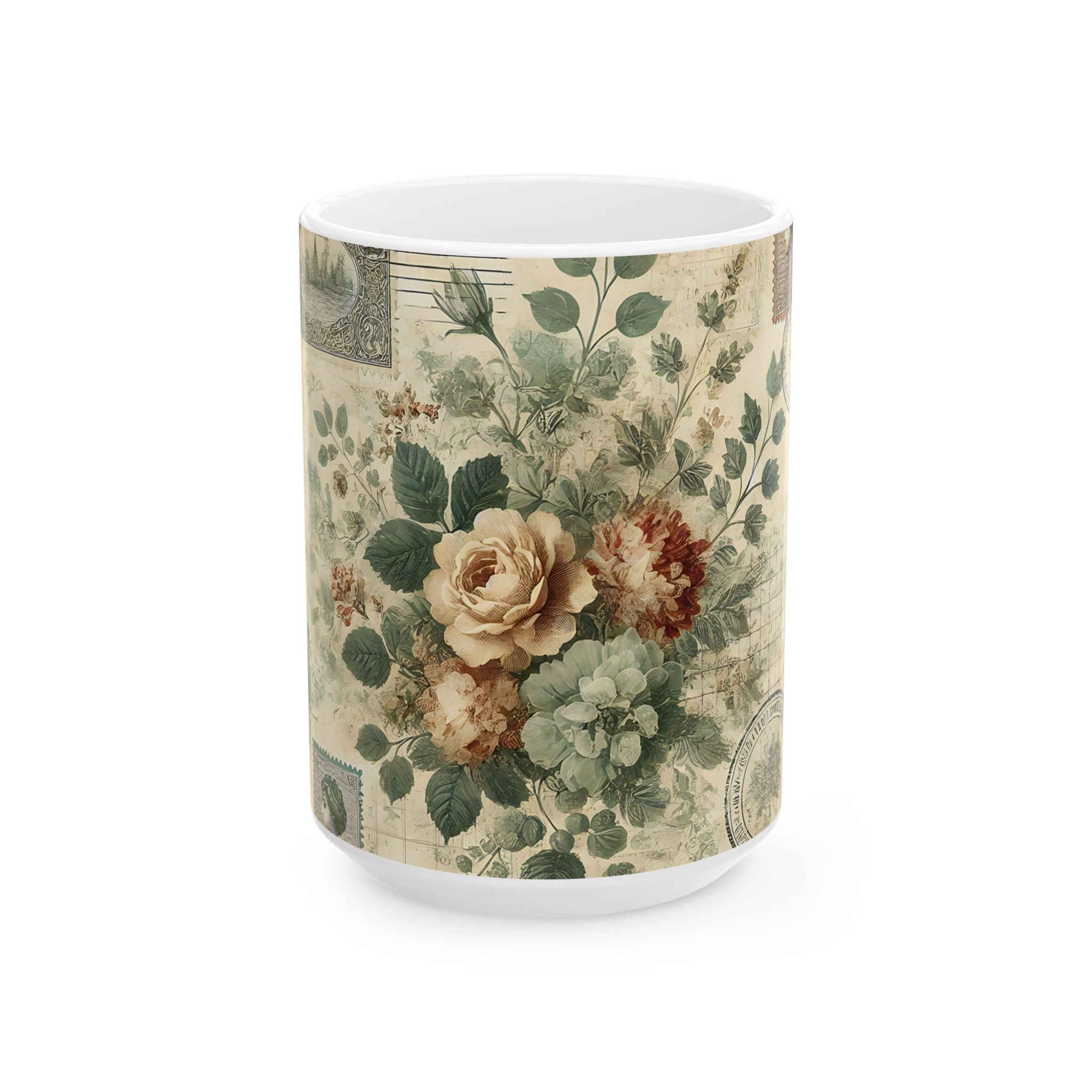 Vintage Floral Ceramic Mug — Antique Rose Tea Coffee Cup (11oz & 15oz)