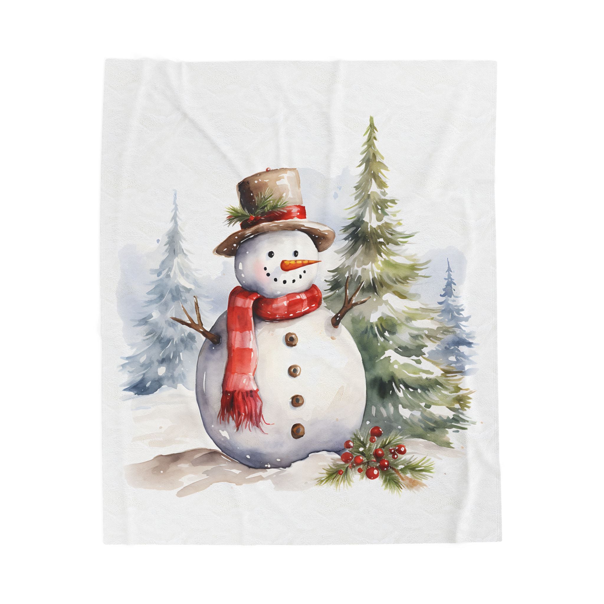 Watercolor Snowman Velveteen Plush Blanket | Christmas Winter Scene