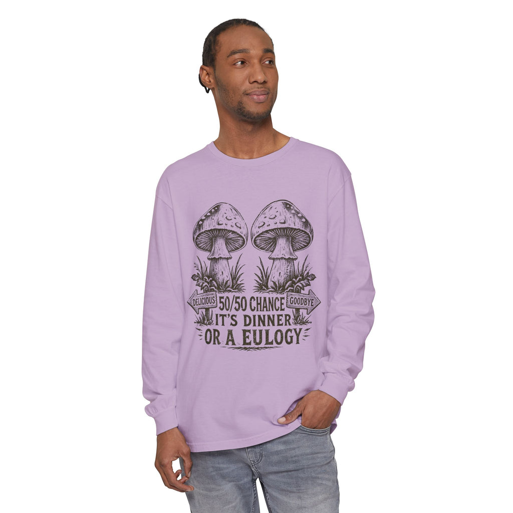 Comfort Colors Long Sleeve T-Shirt – Retro Mushroom Graphic “50/50 Chance It’s Dinner or a Eulogy”