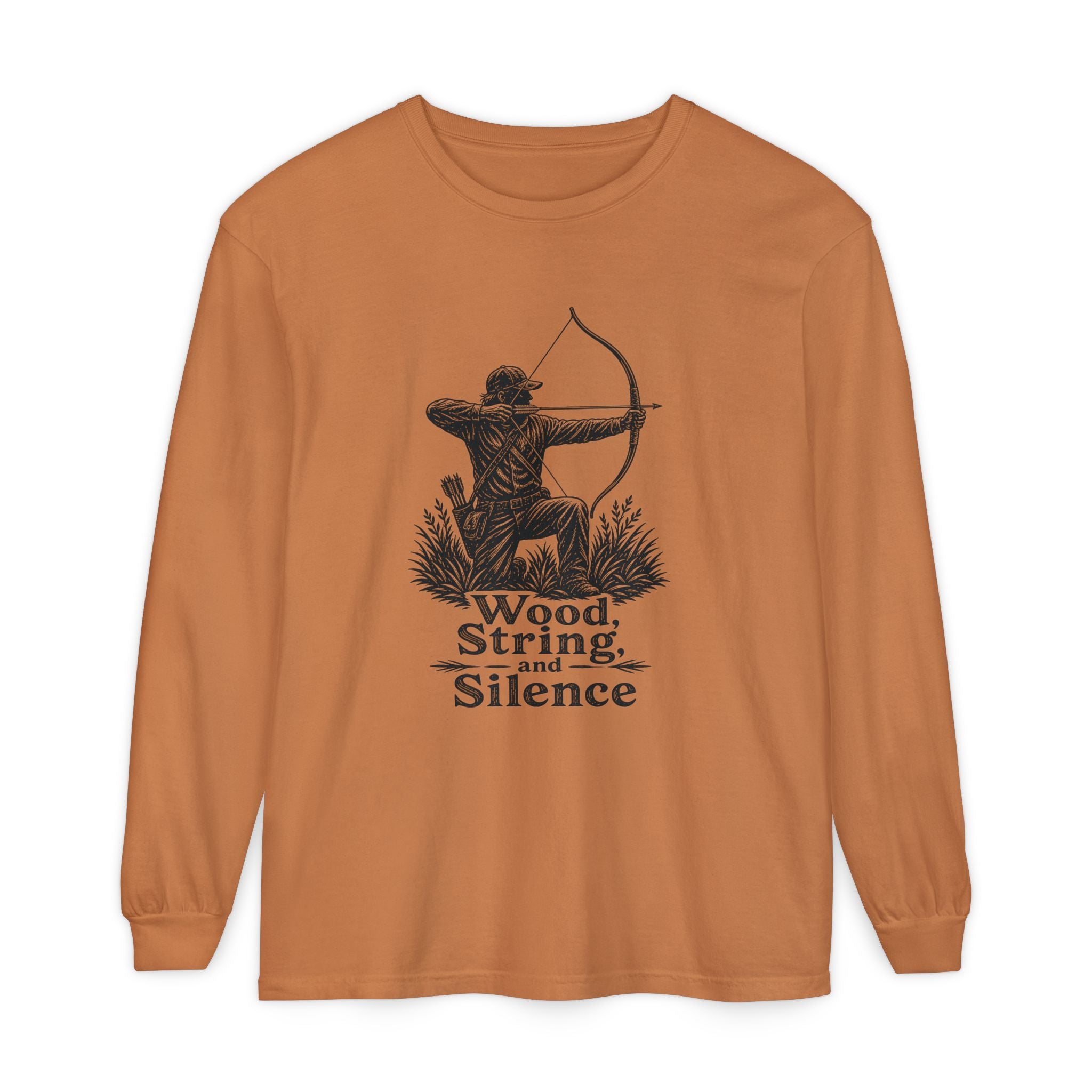 Comfort Colors Archery Long Sleeve Shirt — "Wood, String, and Silence" Vintage Archer Tee