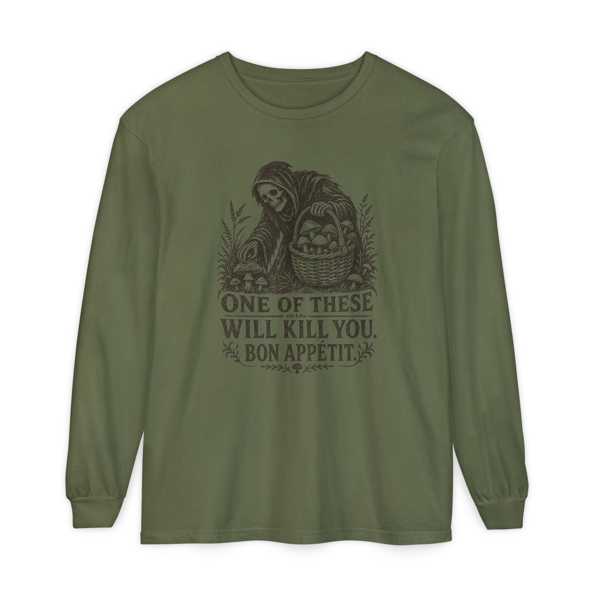 Comfort Colors Grim Reaper Harvest Long Sleeve Tee – "One of These Will Kill You. Bon Appétit."