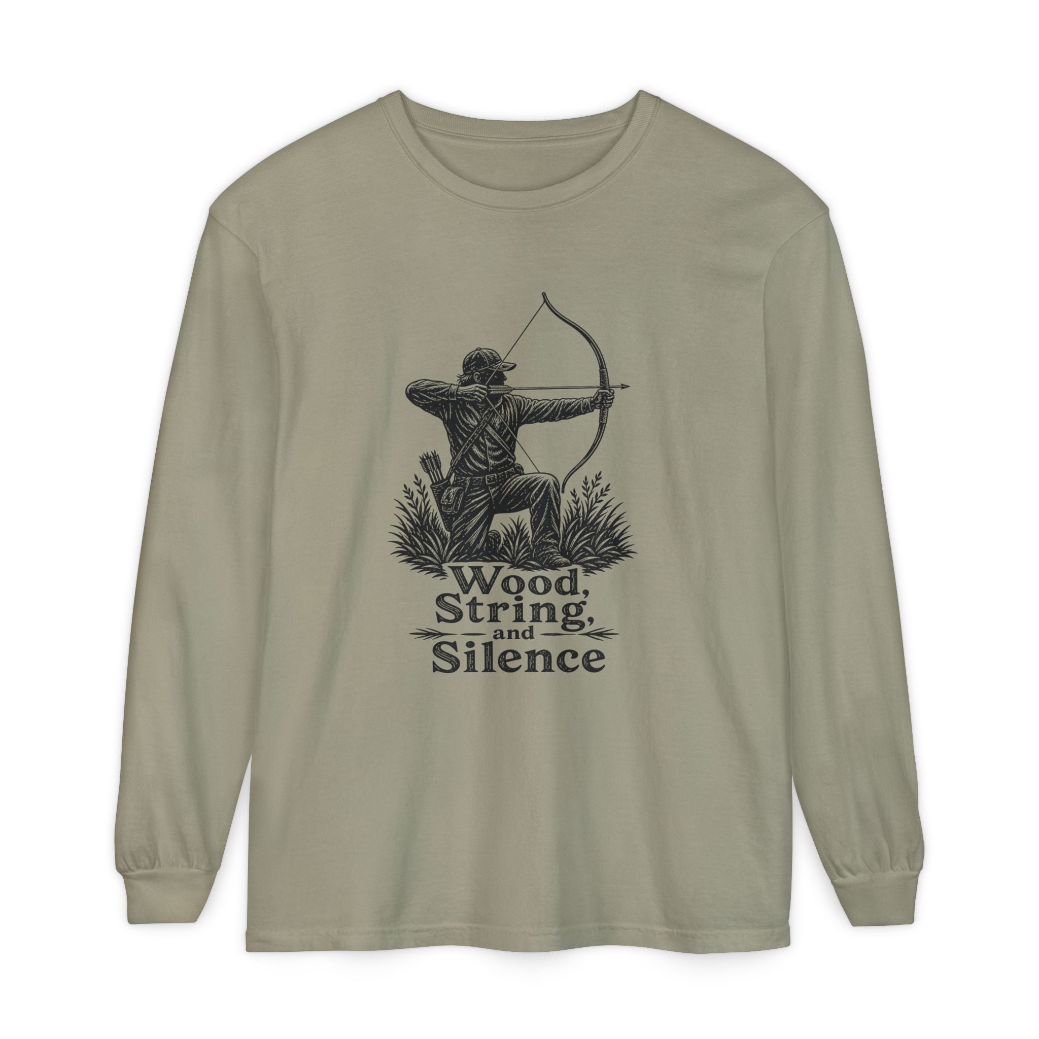 Comfort Colors Archery Long Sleeve Shirt — "Wood, String, and Silence" Vintage Archer Tee