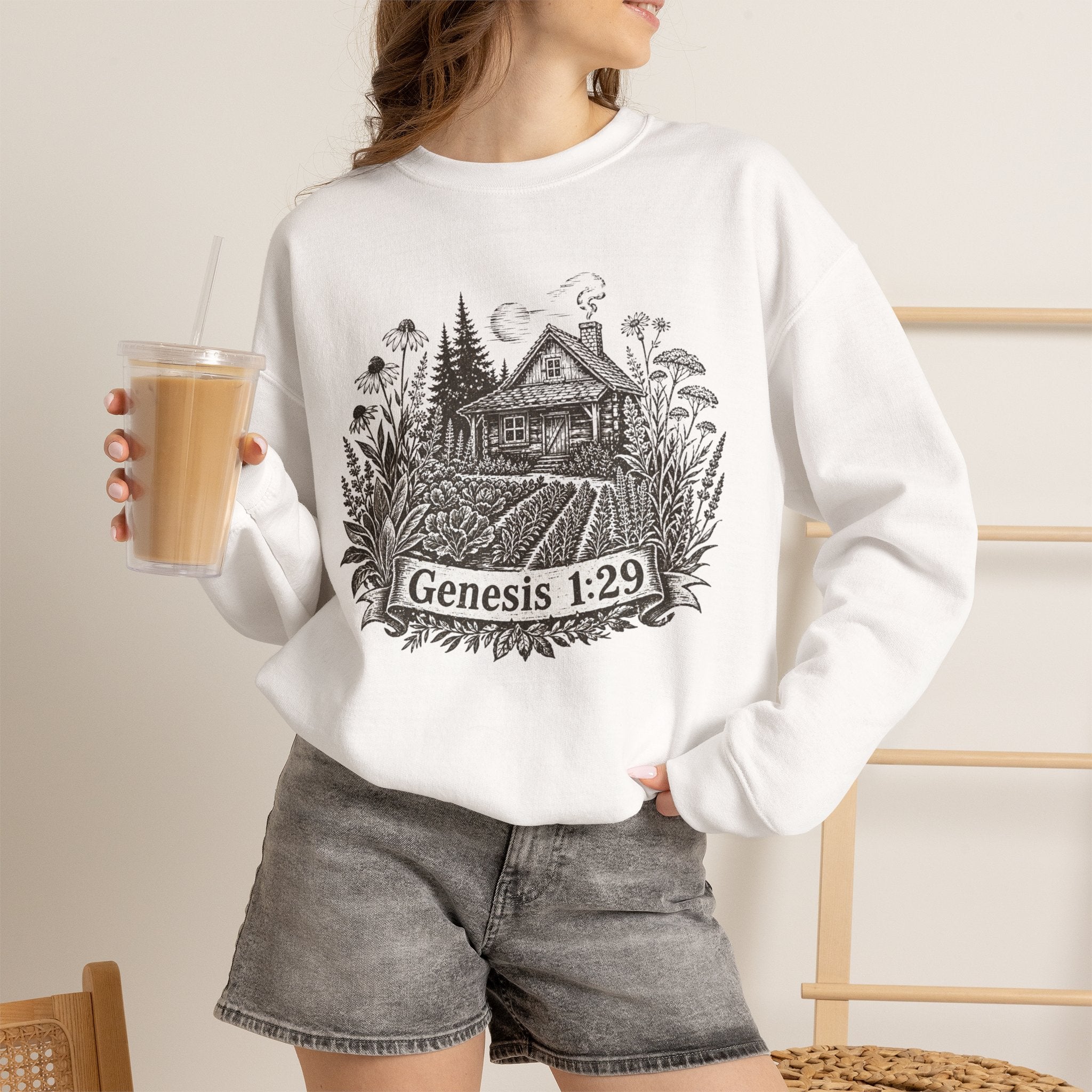 Genesis 1:29 Cottage Crewneck Sweatshirt — Vintage Bible Verse Nature Design