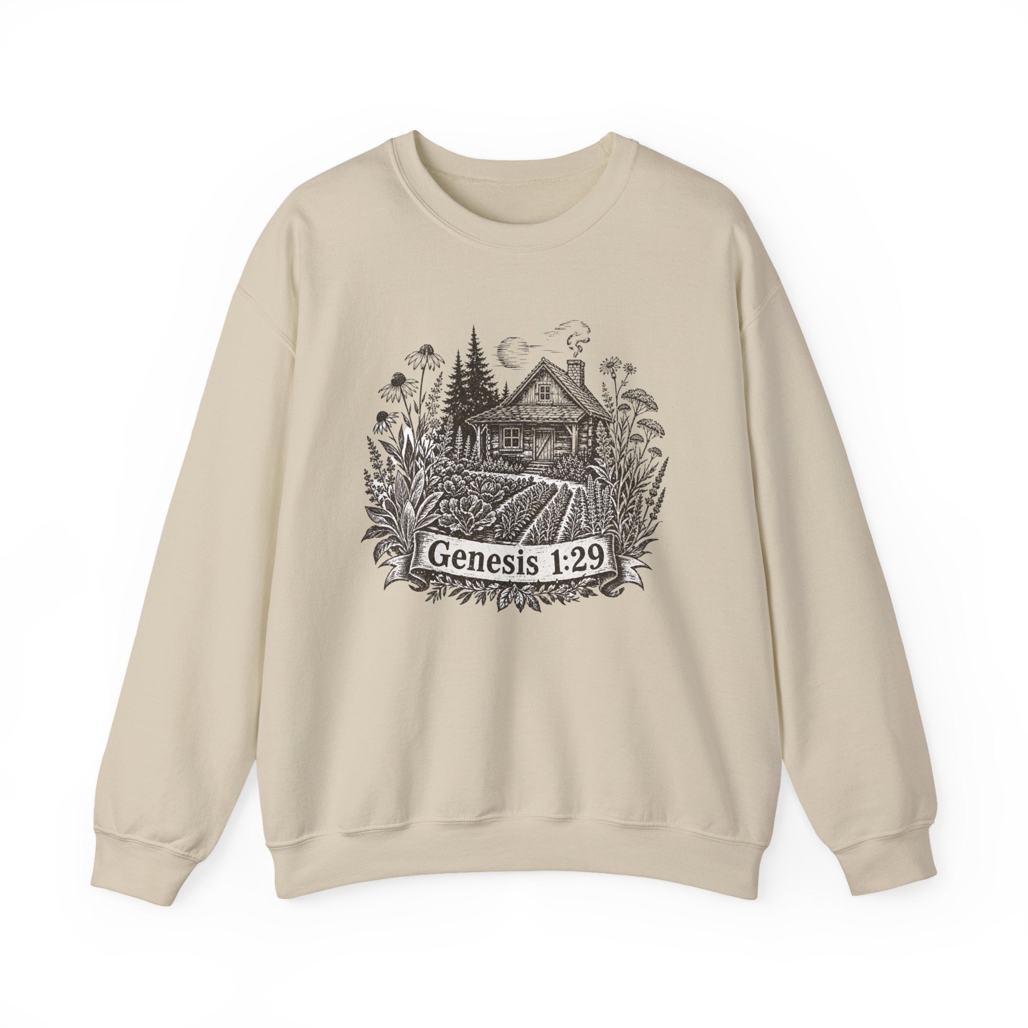 Genesis 1:29 Cottage Crewneck Sweatshirt — Vintage Bible Verse Nature Design