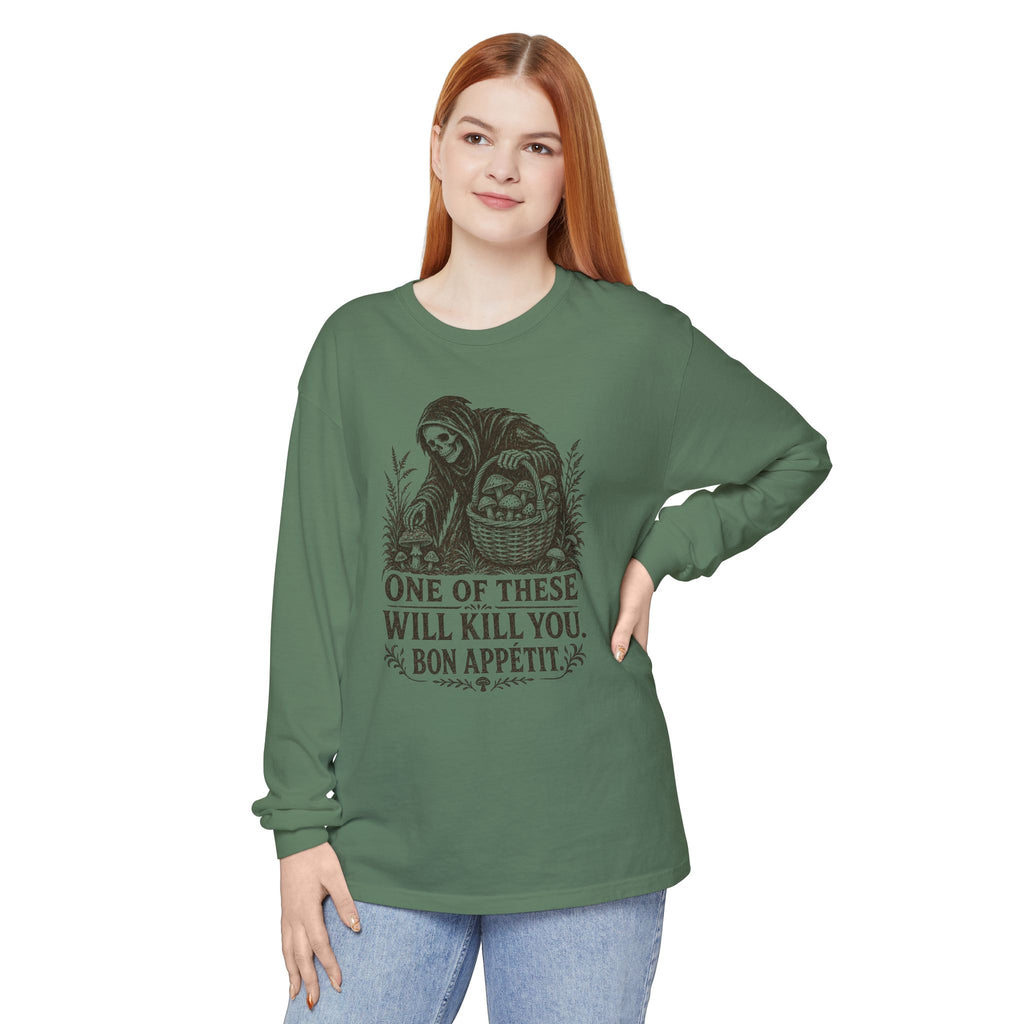 Comfort Colors Grim Reaper Harvest Long Sleeve Tee – "One of These Will Kill You. Bon Appétit."