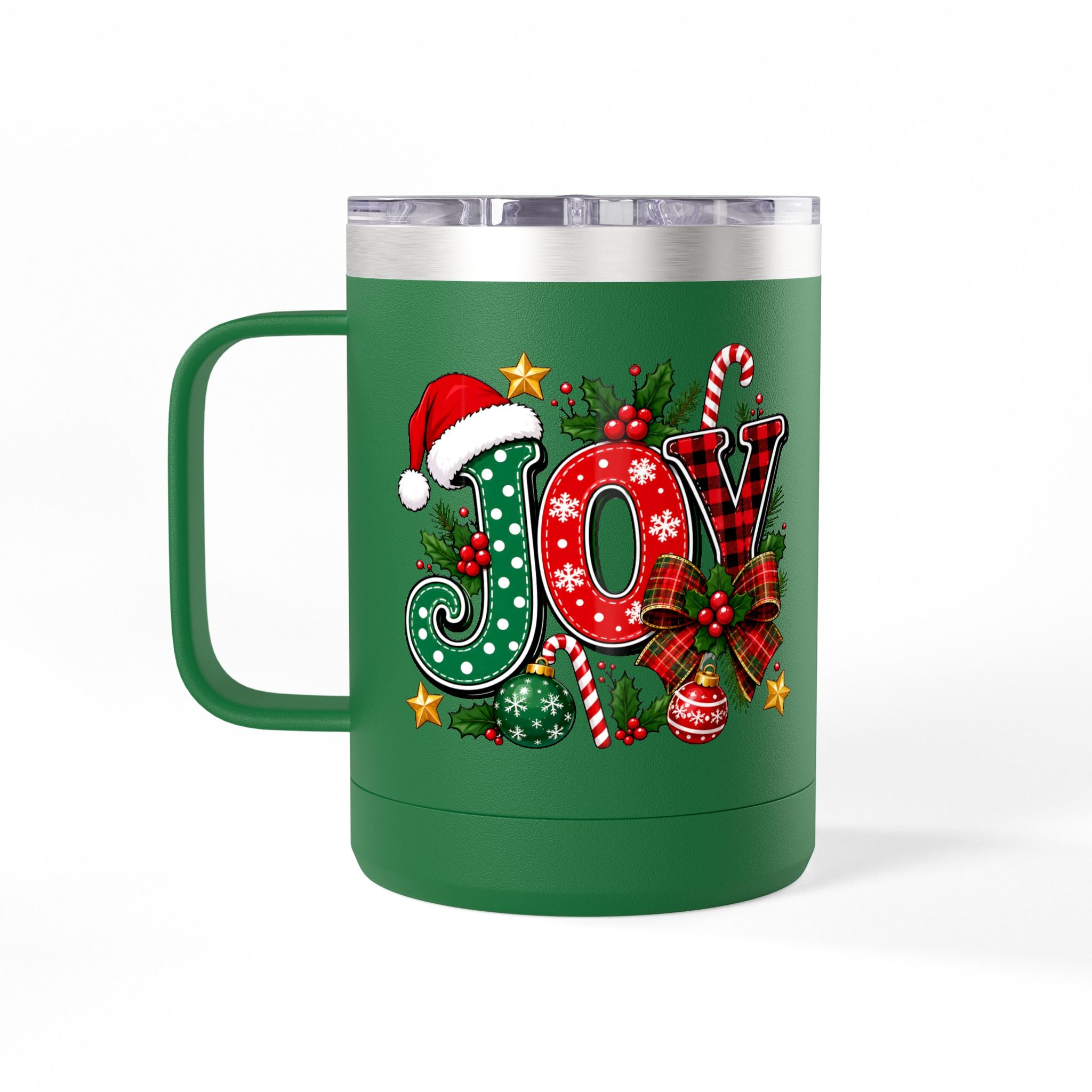 Joy Christmas Mug Tumbler — 15oz Holiday Coffee Cup with Candy Cane & Santa Hat Design