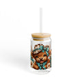 16oz Sipper Glass – Cute Highland Cow with Turquoise Sunflowers Straw Tumbler